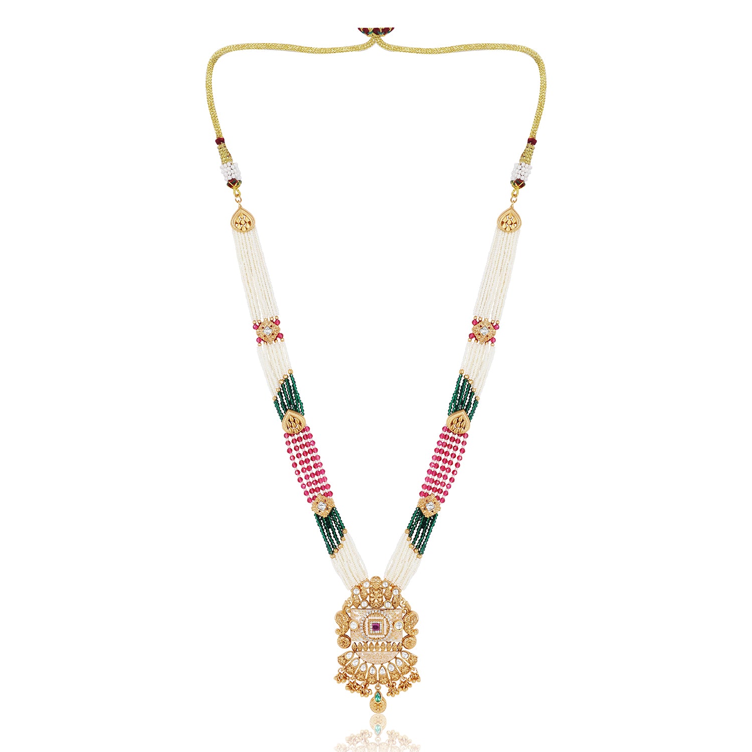 Itrani Rajwadi Gold Finish Polki Long Haar Necklace with Kidiya Moti & Emerald Ruby Stones