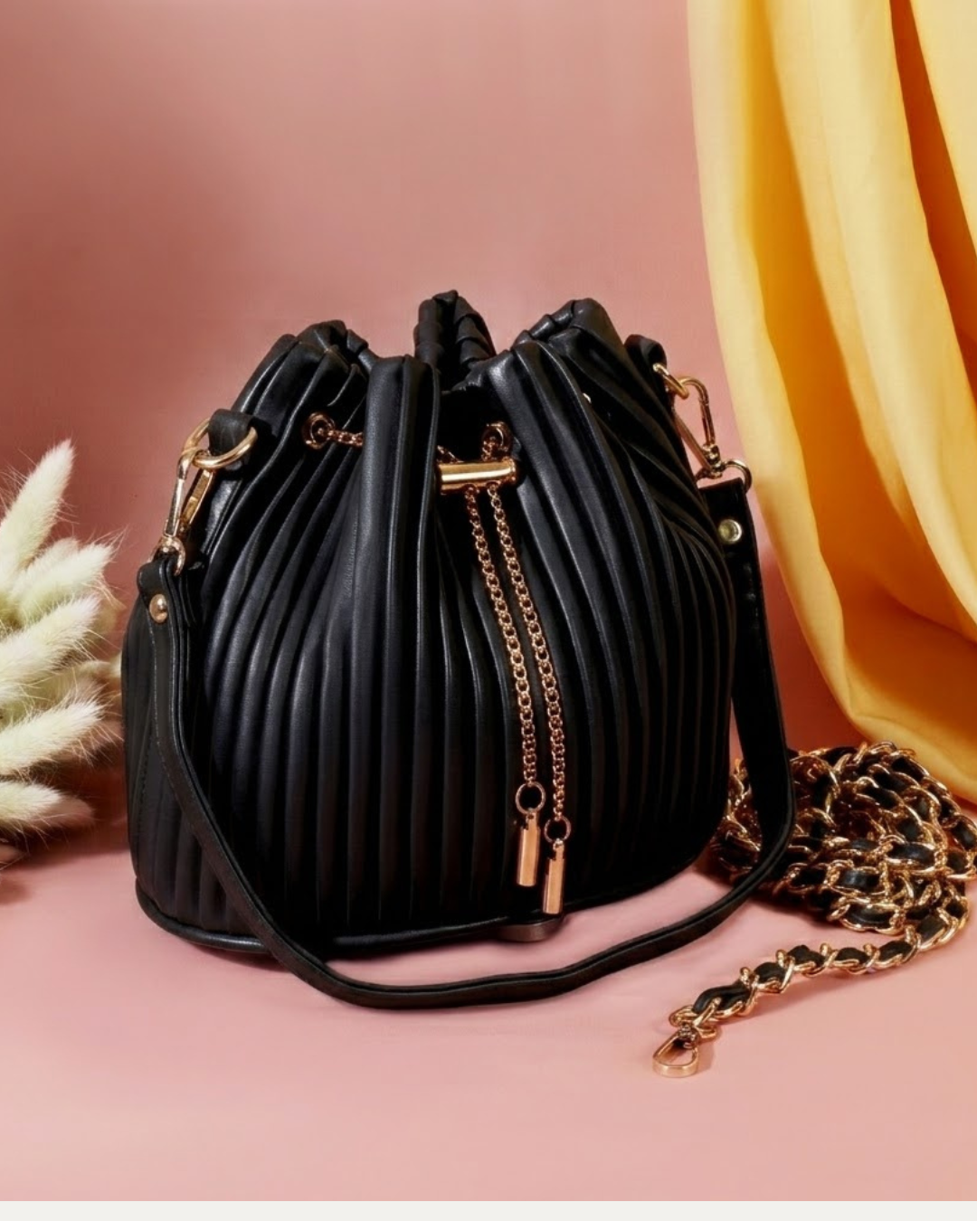 LuxNoir Pleated Genuine Leather Drawstring Bucket Bag