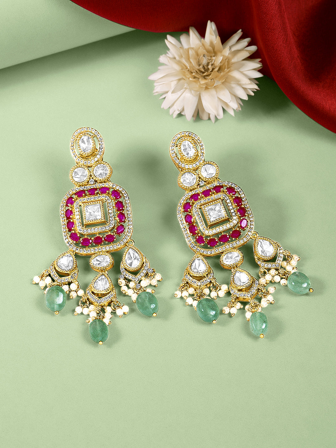 Itrani  Regal Ruby and Green Aventurine Pearl Drop Statement Earrings