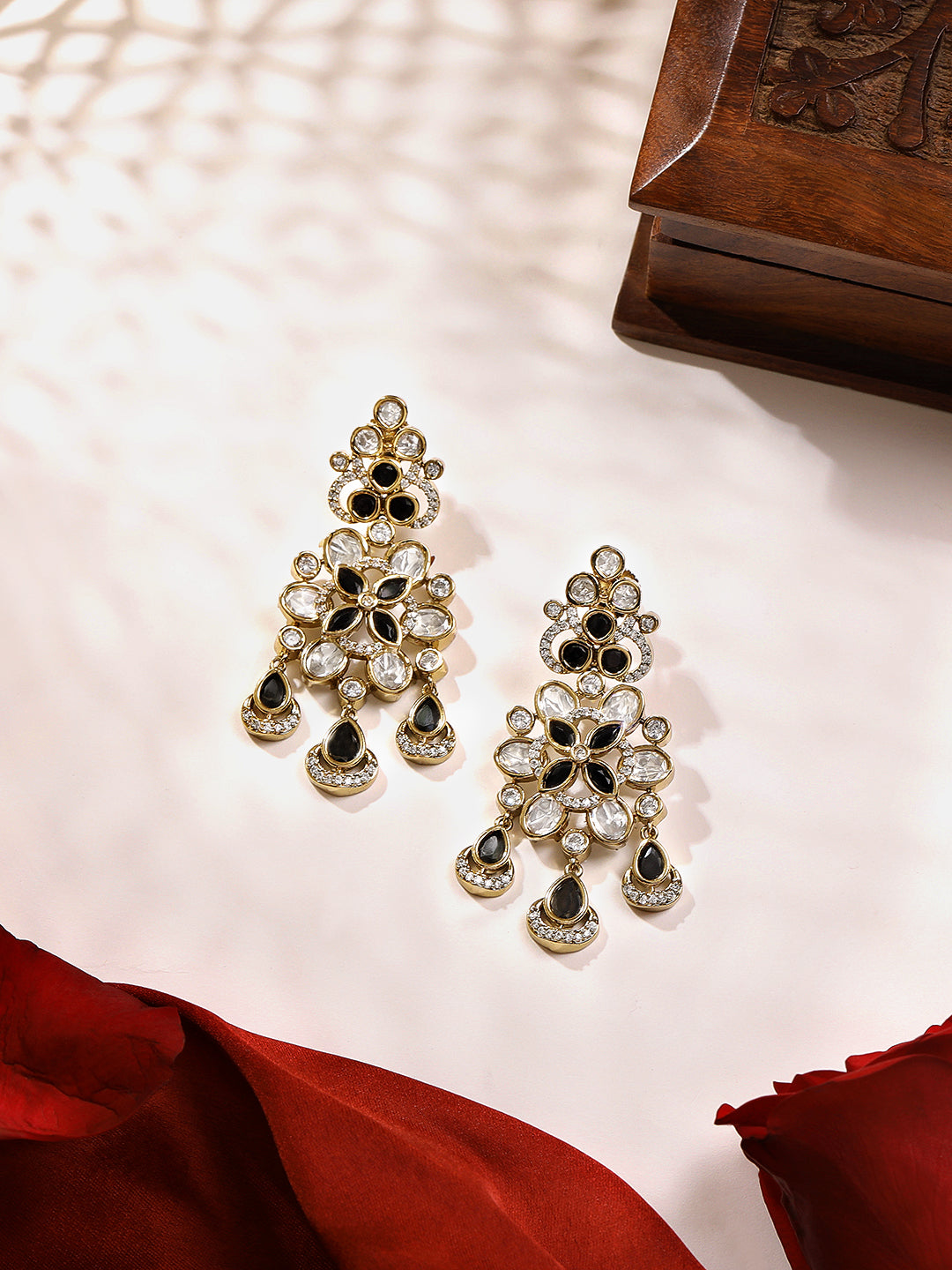 Itrani Midnight Bloom Kundan Brass Earrings – Black & White Crystal Danglers for Festive and Party Wear