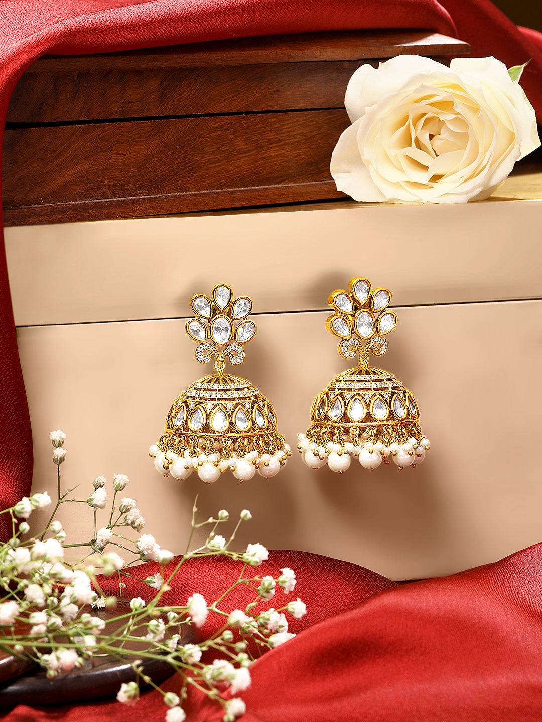 Itrani Regal Radiance Pearl Jhumka Earrings – Traditional Clear Polki Stone
