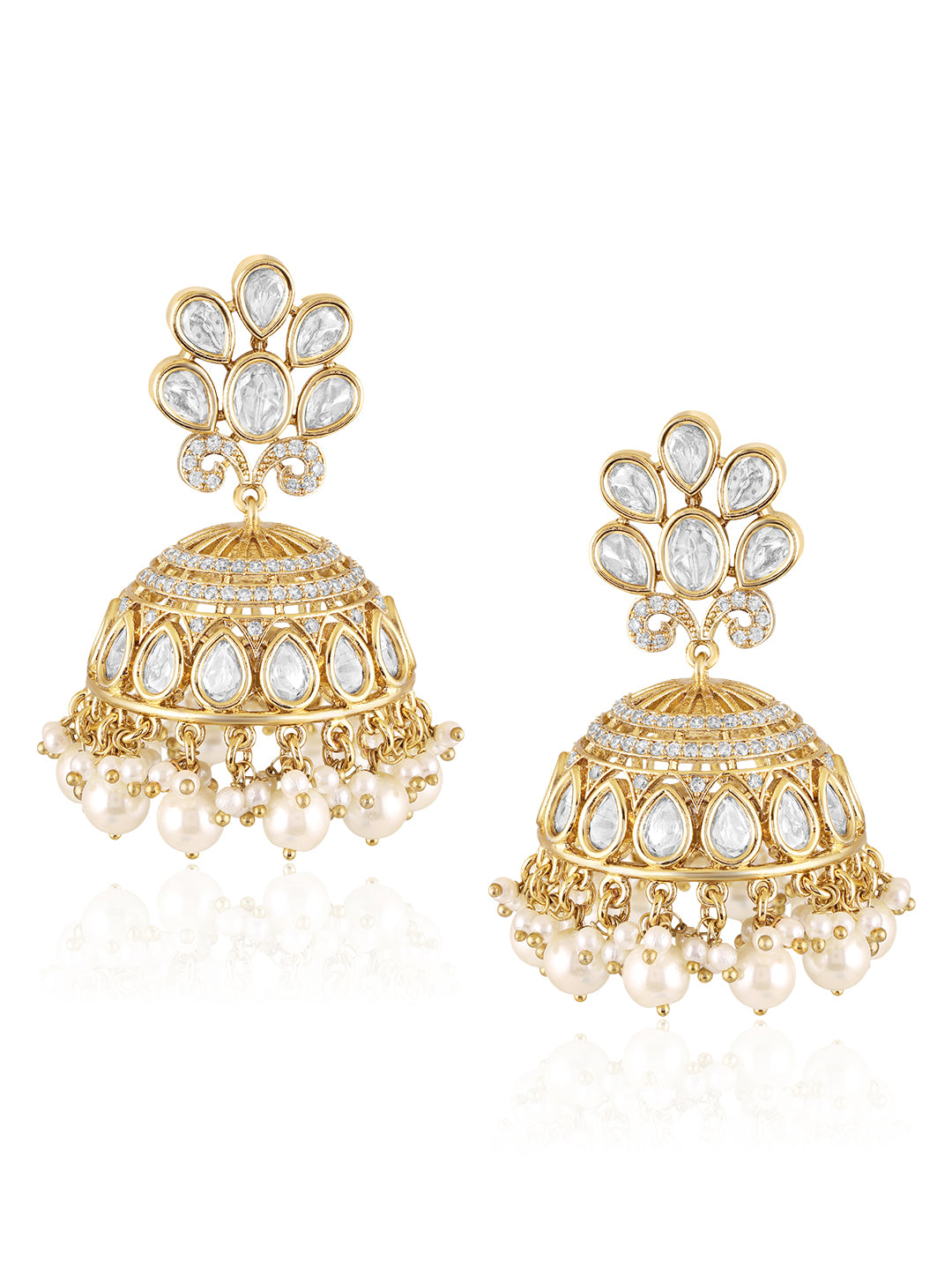 Itrani Regal Radiance Pearl Jhumka Earrings – Traditional Clear Polki Stone