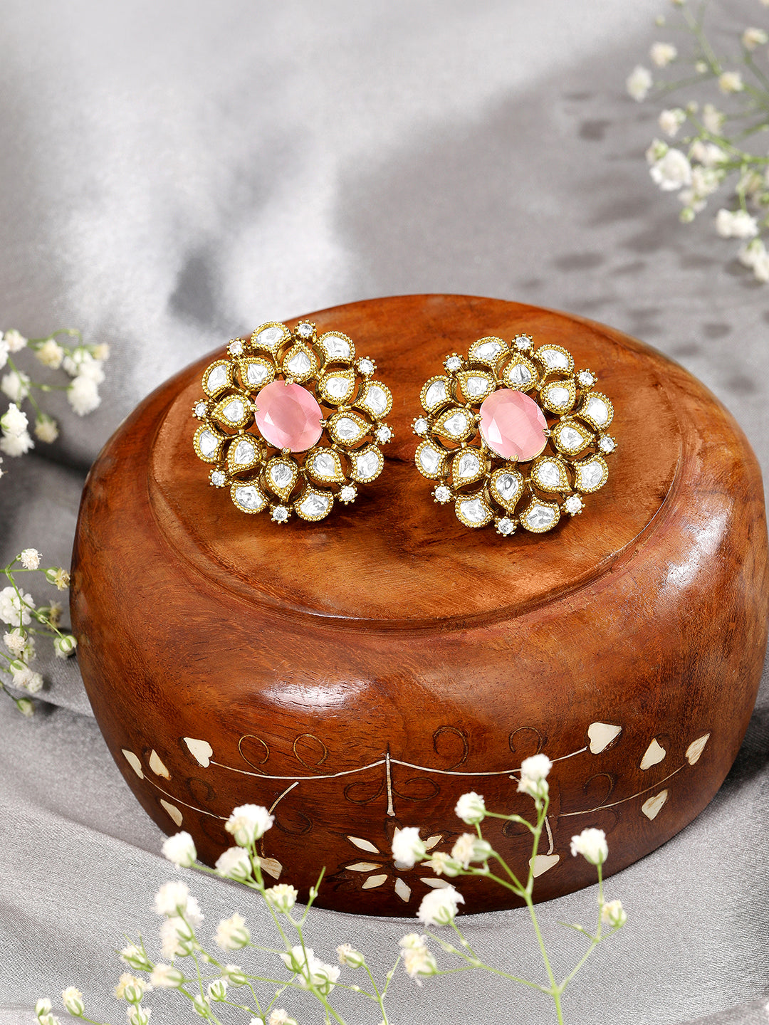 Itrani Blush Petal Floral Stud Earrings – Pink Centre Stone Anti-Tarnish Ethnic Jewelry