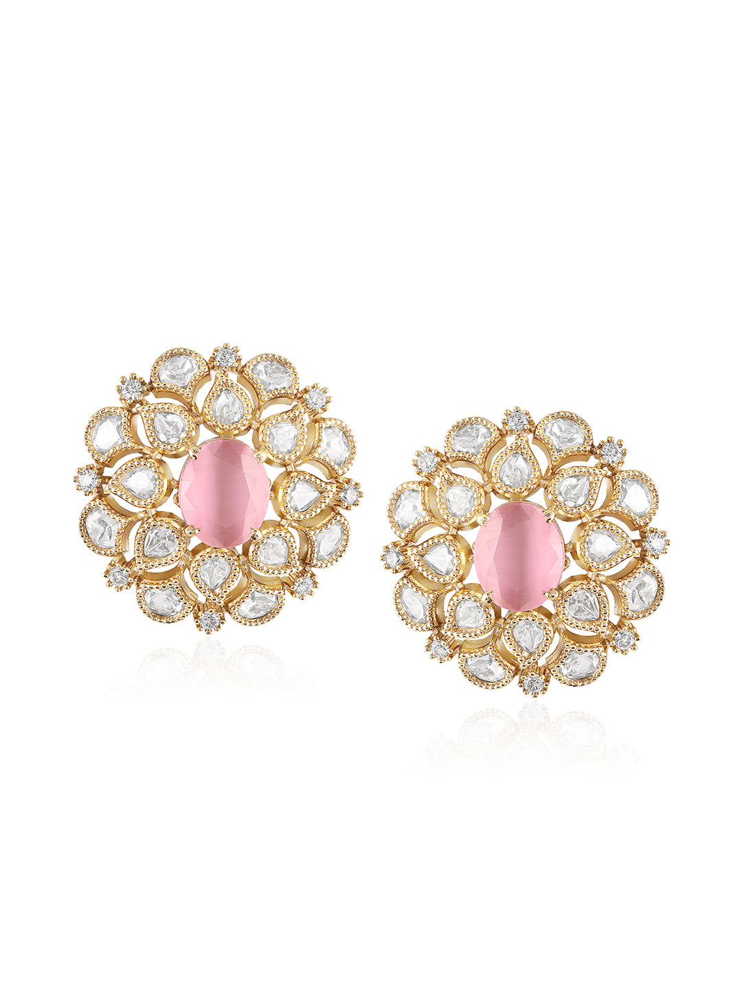 Itrani Blush Petal Floral Stud Earrings – Pink Centre Stone Anti-Tarnish Ethnic Jewelry