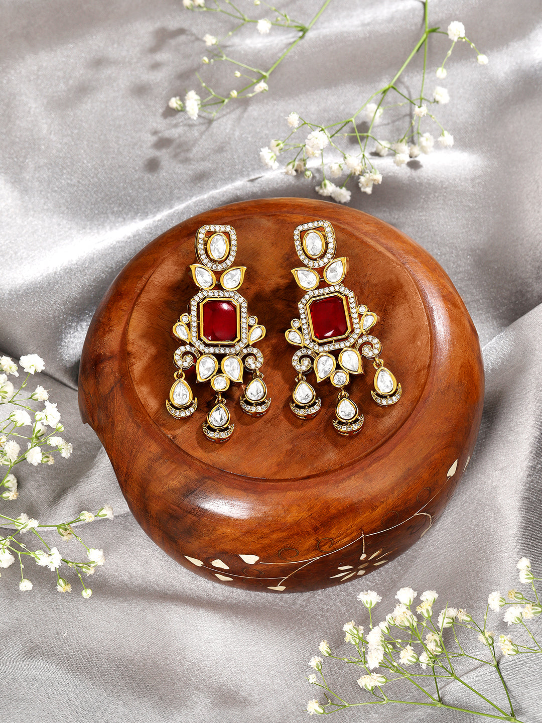 Itrani Rajkumari Ruby Centre Stone and Clear Polki Droplets Earrings – Traditional Bridal Danglers