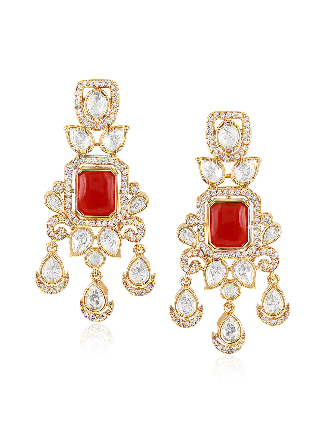 Itrani Rajkumari Ruby Centre Stone and Clear Polki Droplets Earrings – Traditional Bridal Danglers
