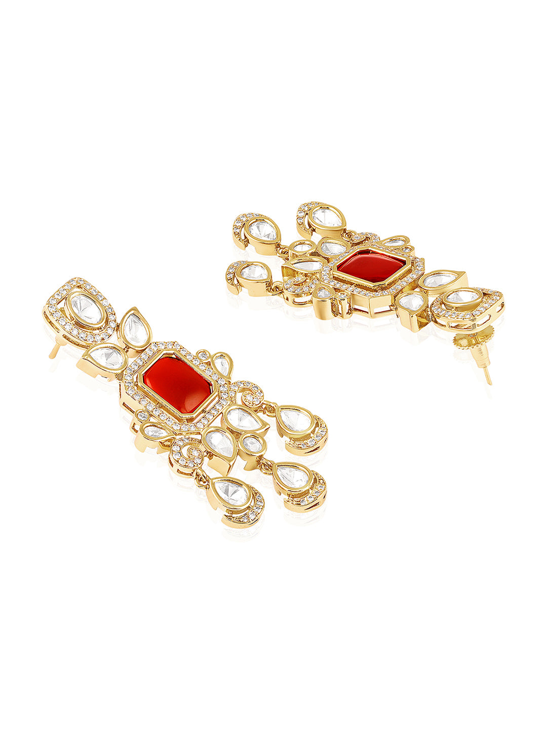 Itrani Rajkumari Ruby Centre Stone and Clear Polki Droplets Earrings – Traditional Bridal Danglers