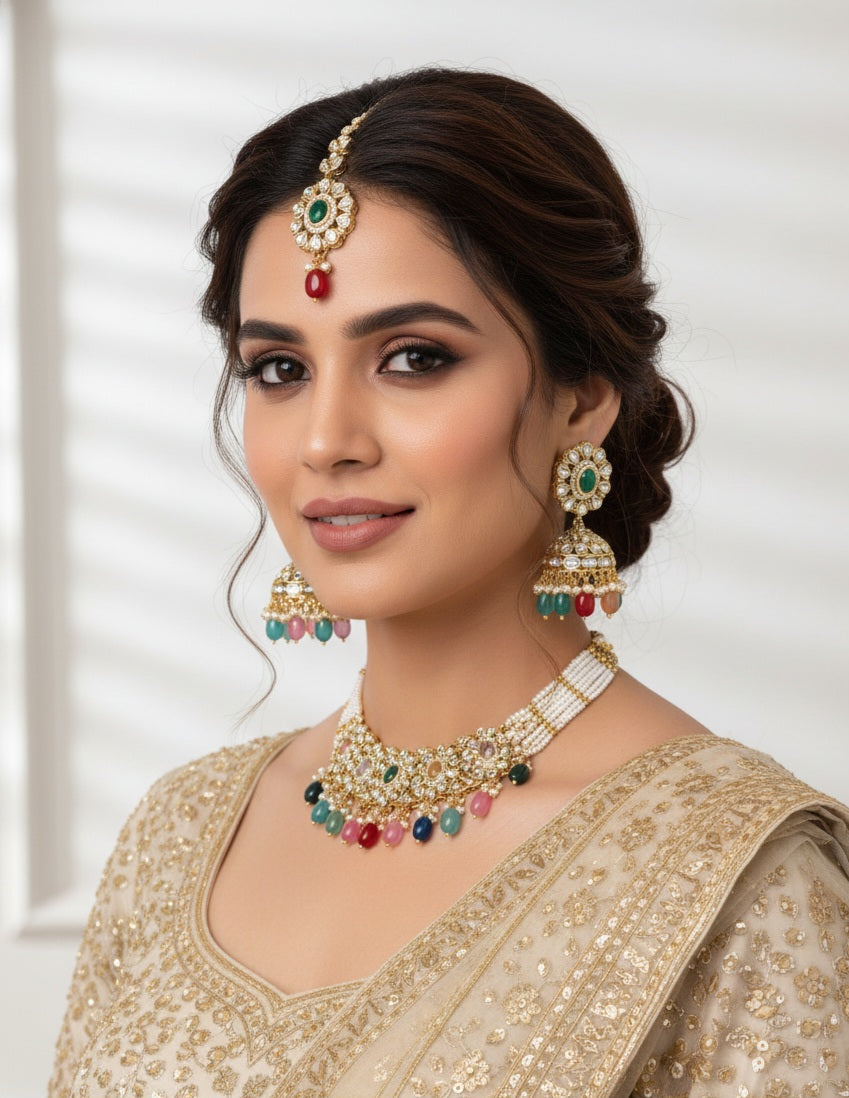 Itrani Regal Multicolor Kundan Choker Necklace Set – Brass with Anti-Tarnish Finish Clearance