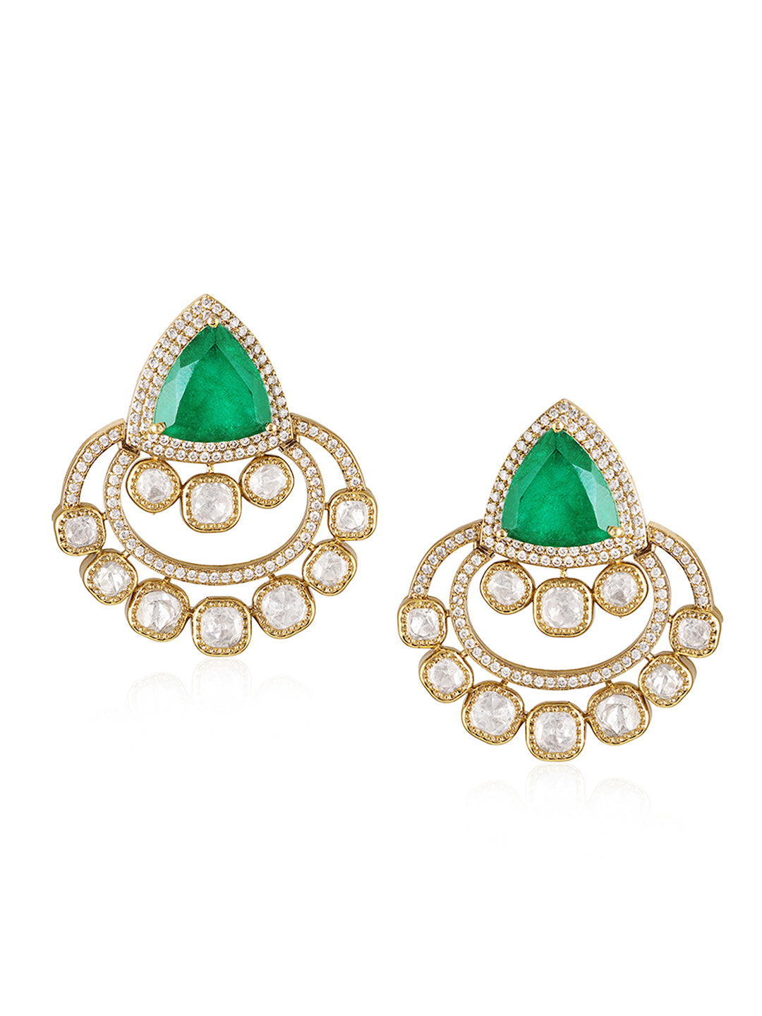 Itrani Emerald Radiance Uncut Glass Diamond Style Brass Earrings with Crystal Detailing