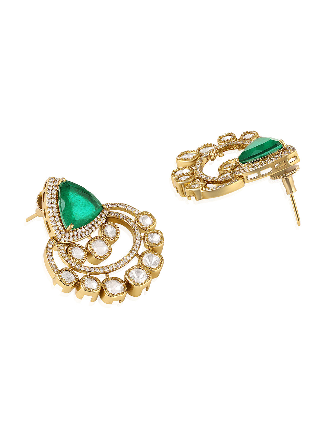 Itrani Emerald Radiance Uncut Glass Diamond Style Brass Earrings with Crystal Detailing