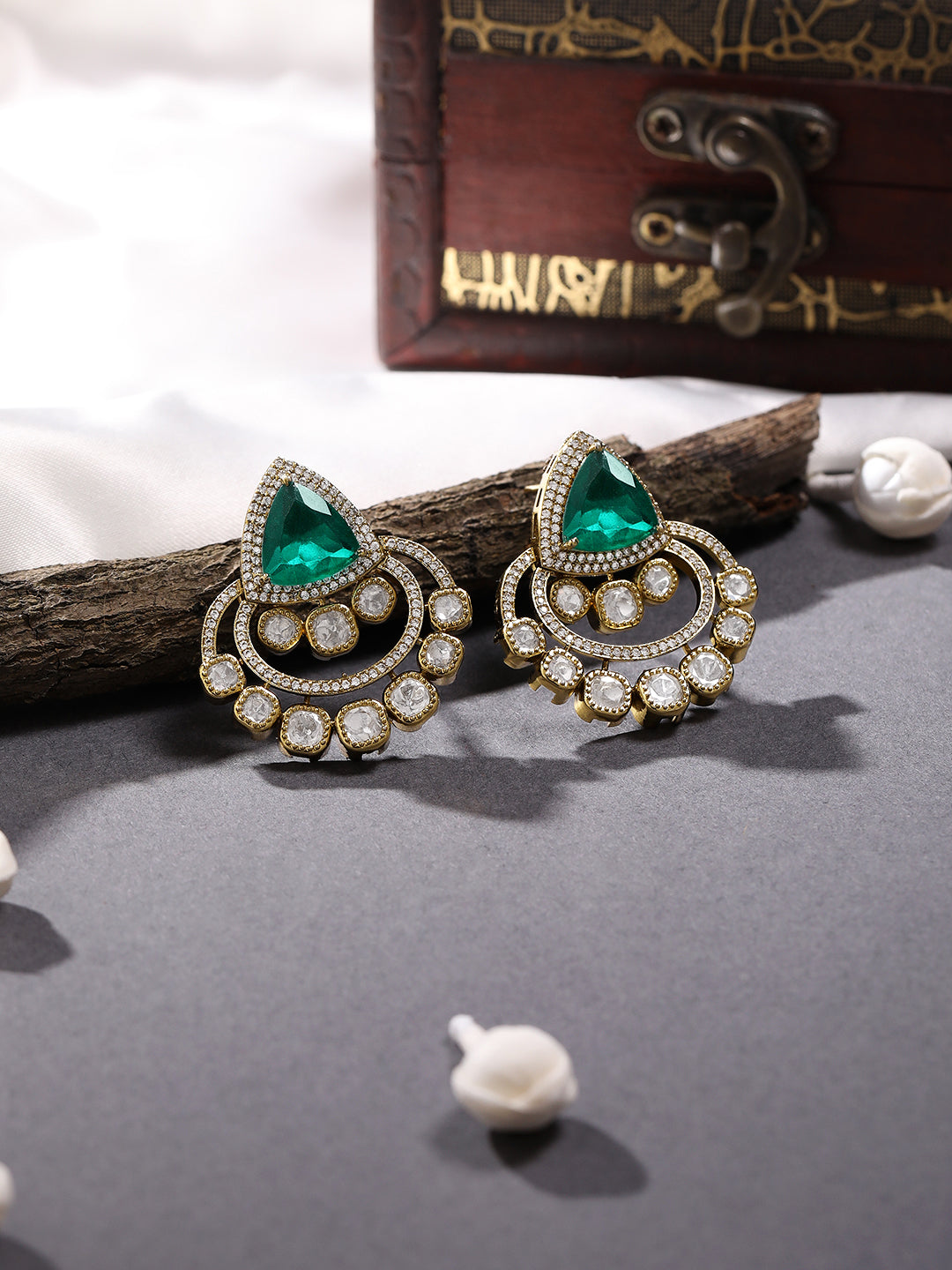 Itrani Emerald Radiance Uncut Glass Diamond Style Brass Earrings with Crystal Detailing