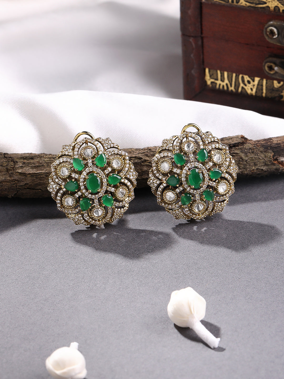 Itrani Emerald Radiance Uncut Diamond With Setting Stone Antique Brass Earrings