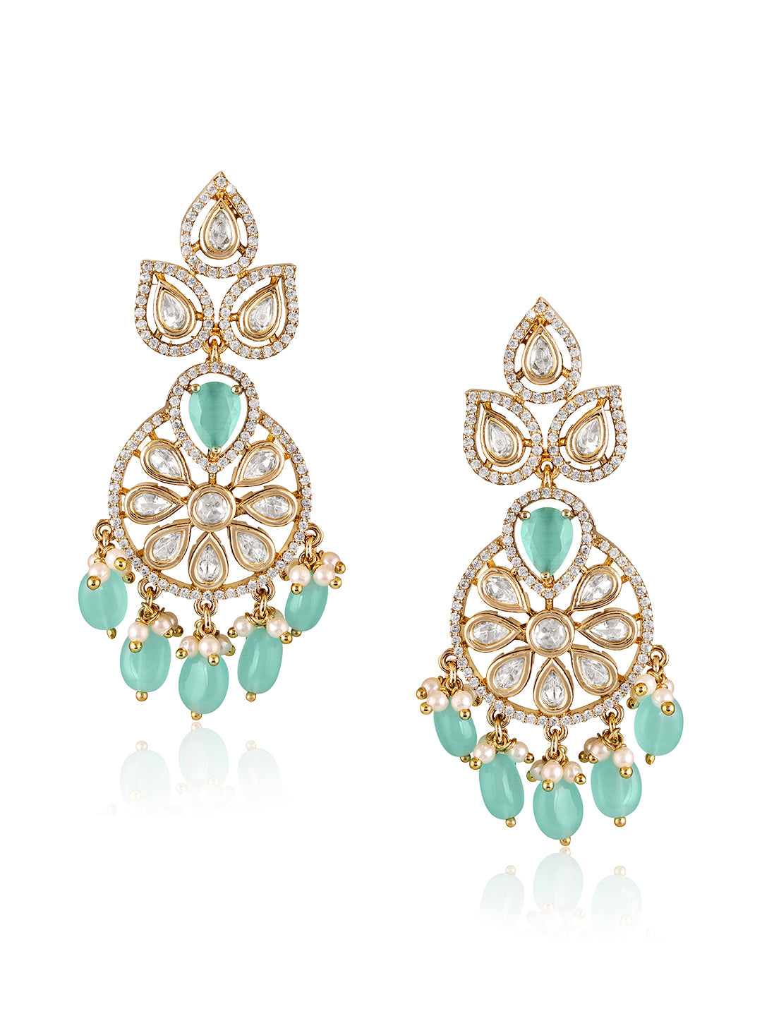Itrani Aqua Bloom Uncut Diamond With Clear Polki and Aqua Drops Antique Brass Earrings