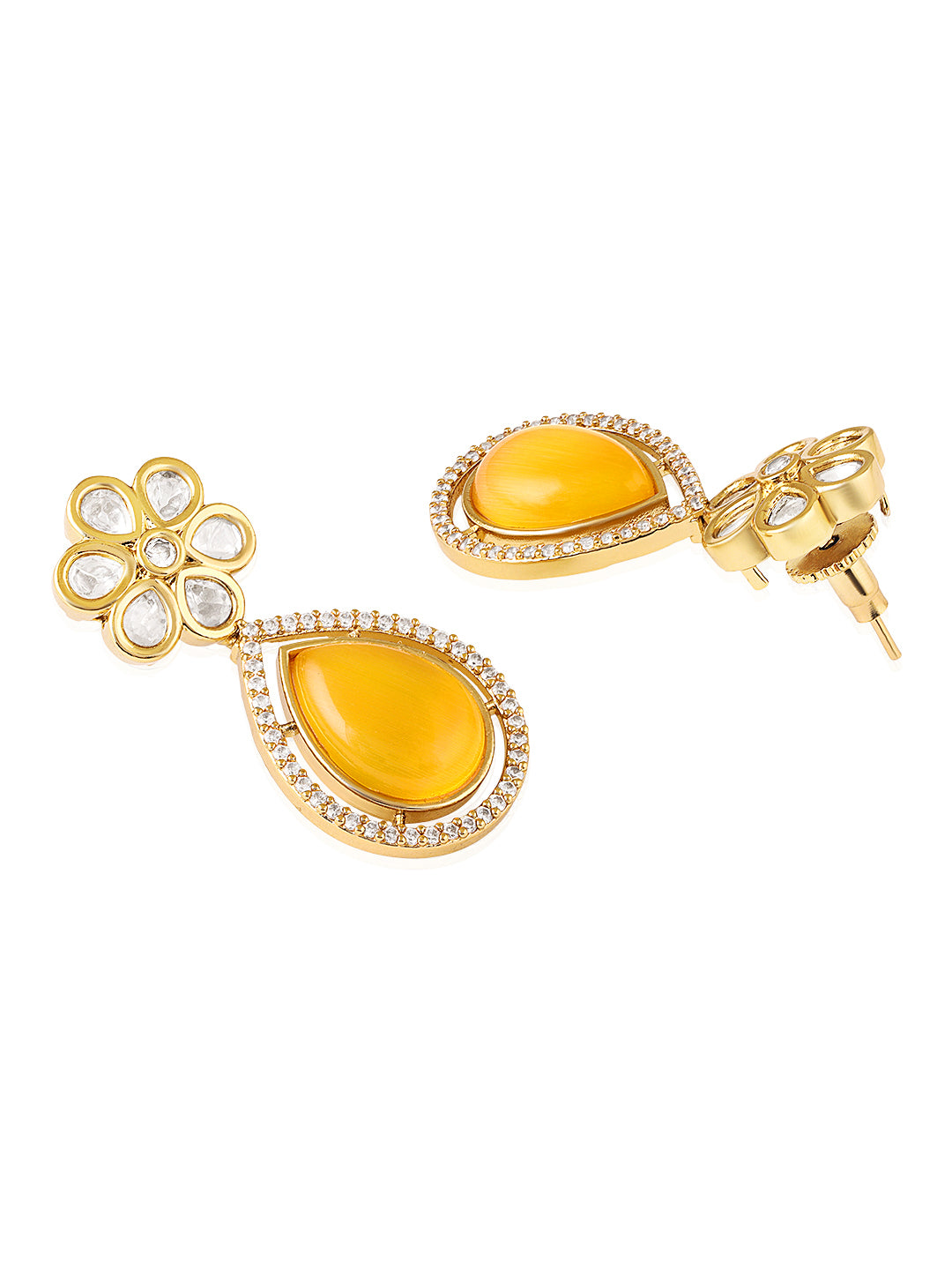 Itrani Golden Glow Floral Yellow Leaf Drops Earrings-Polki and Monalisa Stone