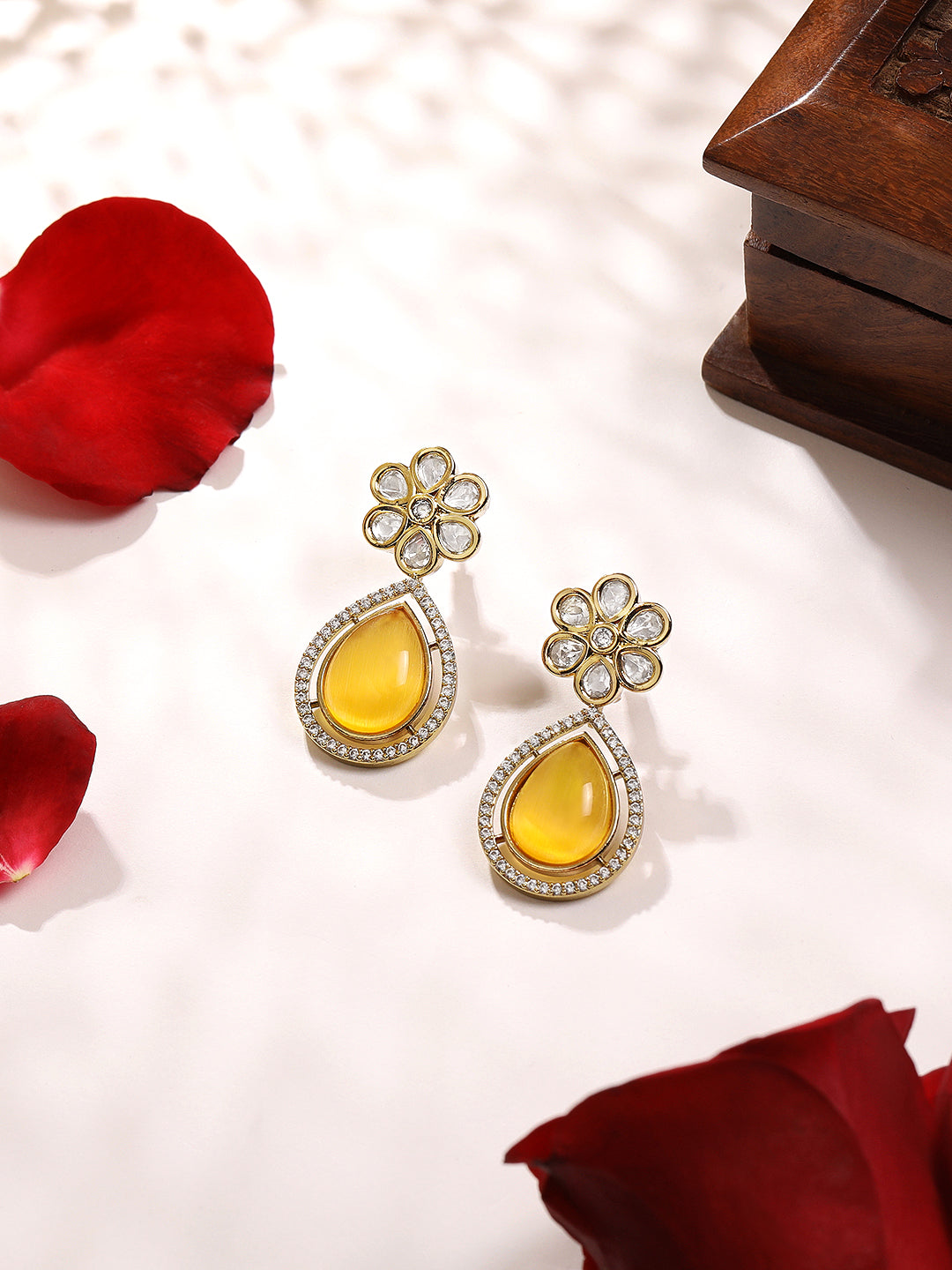 Itrani Golden Glow Floral Yellow Leaf Drops Earrings-Polki and Monalisa Stone