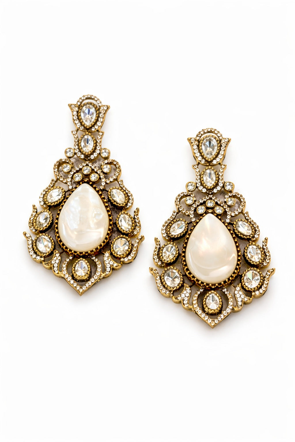 Itrani Ivory Mother of Pearl Drop Statement Earrings – Antique Gold Designer Ethnic Earrings