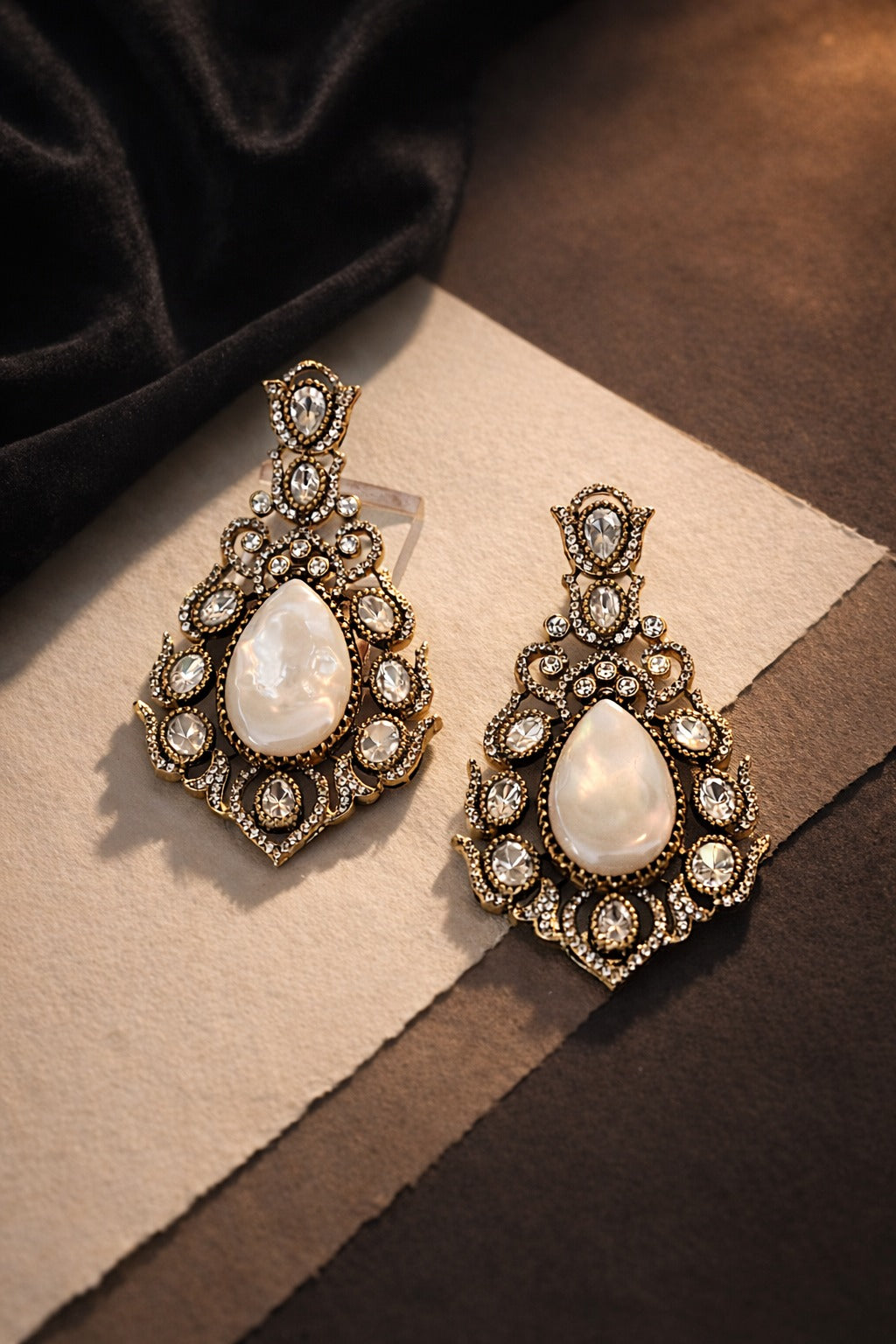 Itrani Ivory Mother of Pearl Drop Statement Earrings – Antique Gold Designer Ethnic Earrings