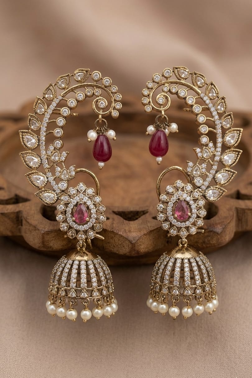 Itrani Elegant EarCuff Jhumka with Ruby Centre Stone and  Pearl Drops