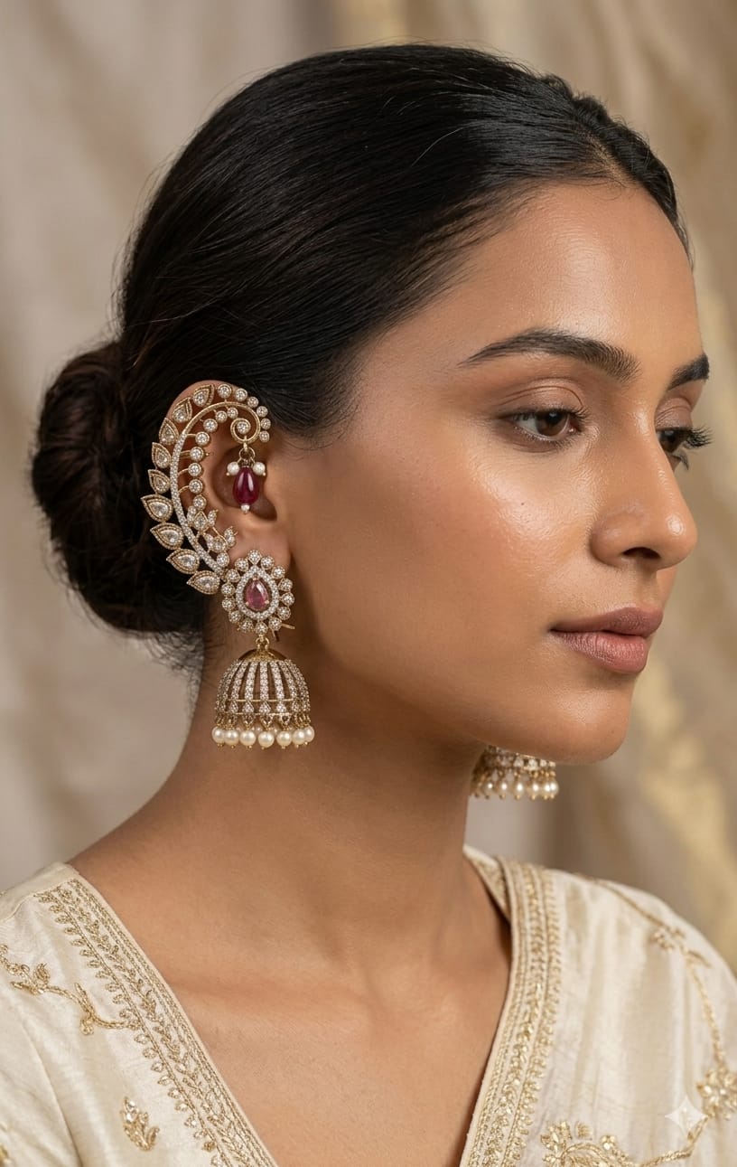 Itrani Elegant EarCuff Jhumka with Ruby Centre Stone and  Pearl Drops