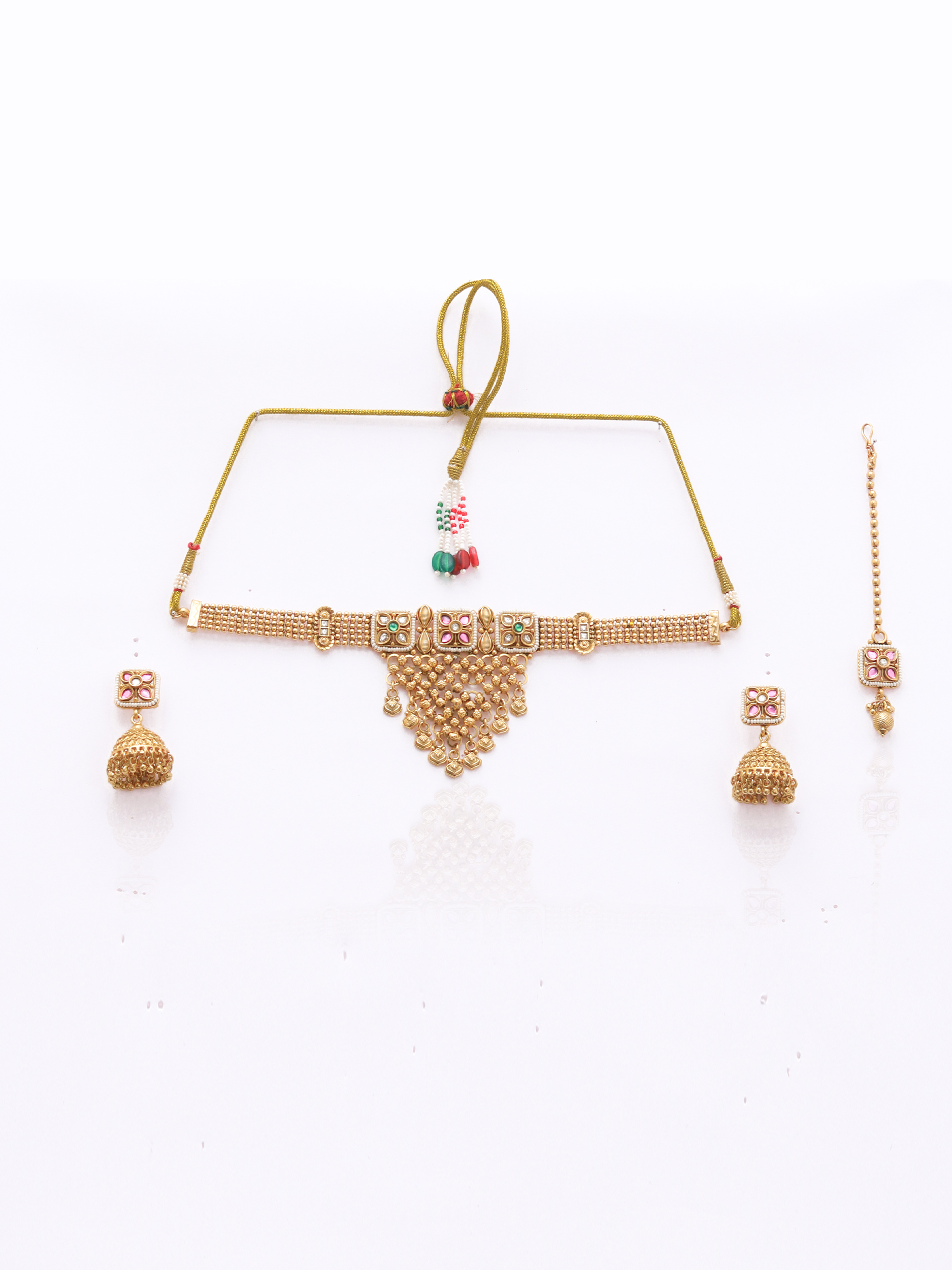 Itrani Heritage Bloom Gold-Tone Brass Rajwadi Choker Necklace Set with Rani Pink Stone & Jhumka Earrings