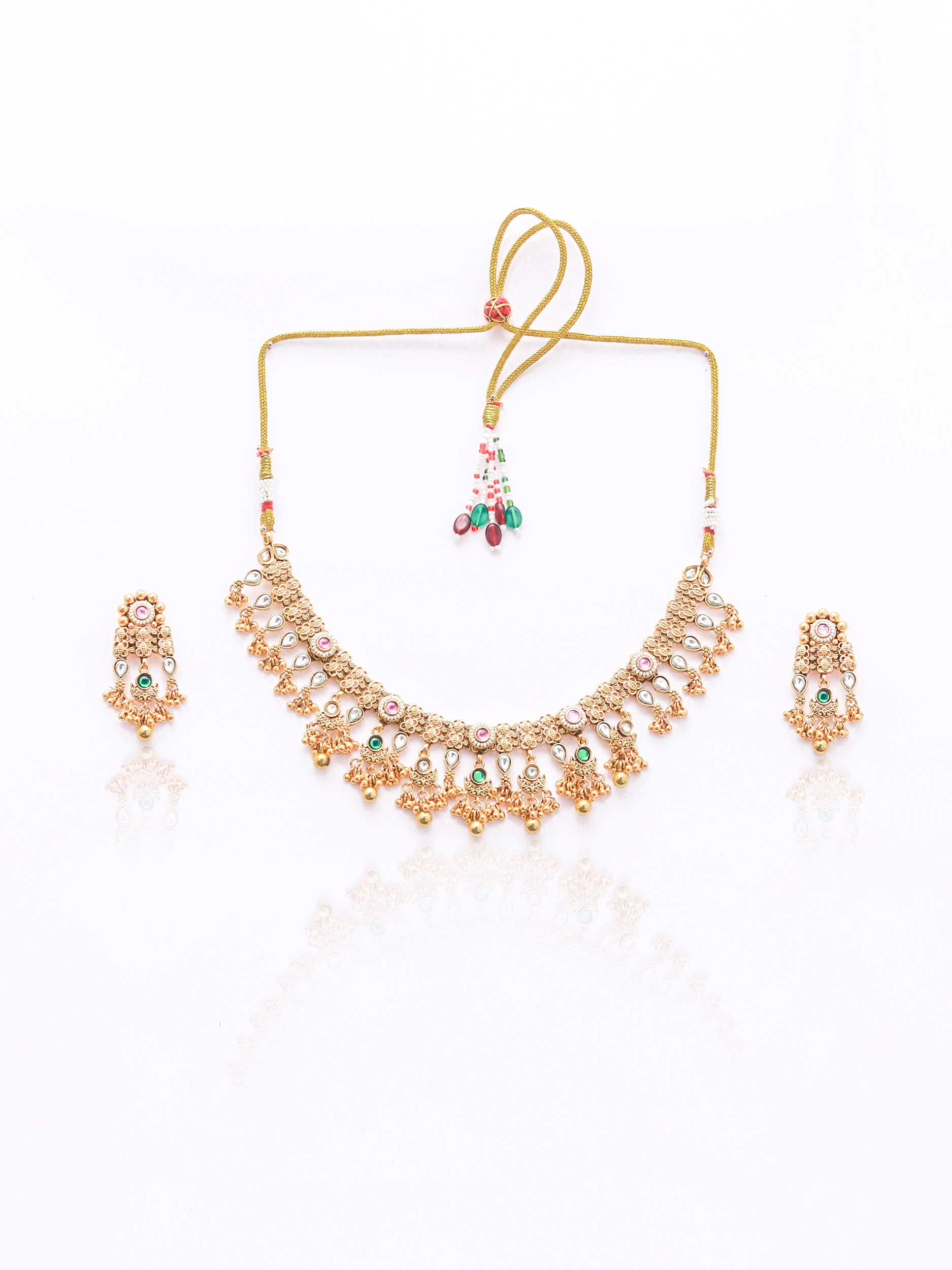 Itrani Antique Rani Pink & Green Temple Necklace Set in Brass – Bridal & Festive Jewelry in Gold Polish Rajwadi Set