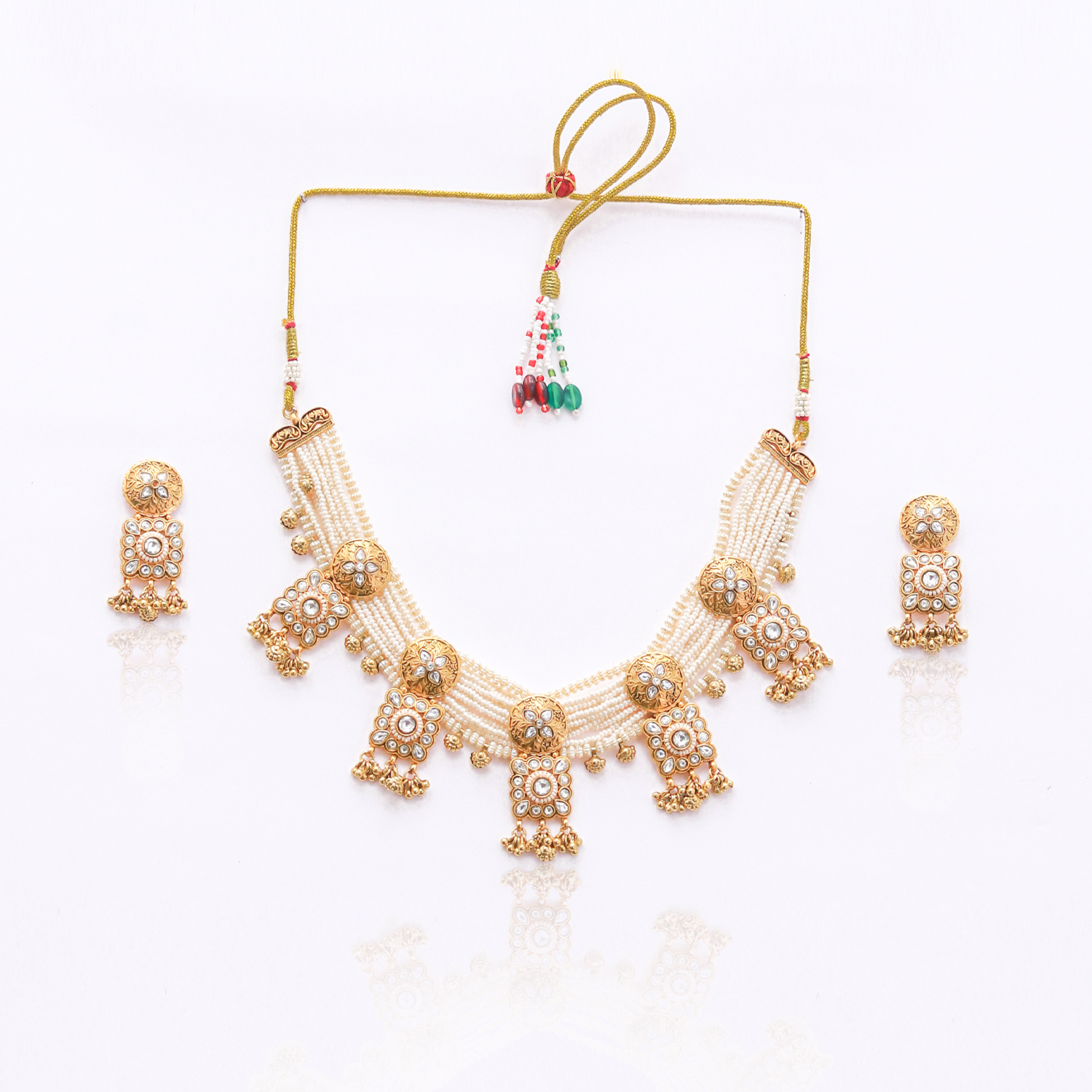 Itrani Royal Temple Pearl Necklace Set with Clear Polki Kundan Accents – Traditional Brass Bridal Jewelry