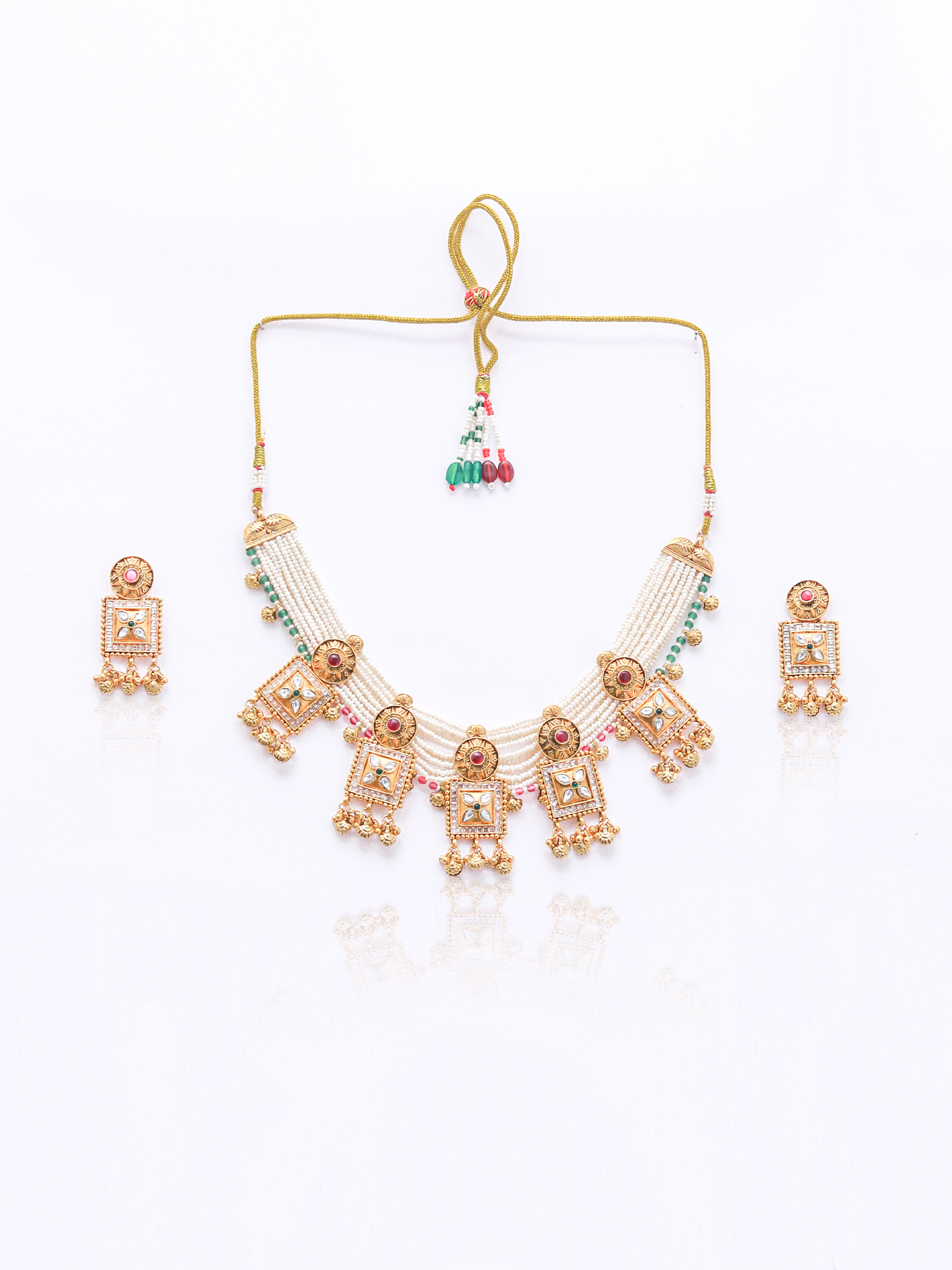 Itrani Rajwadi Heritage Rani Colour Stone Temple Necklace Set – Bridal Pearls & Brass Jewelry