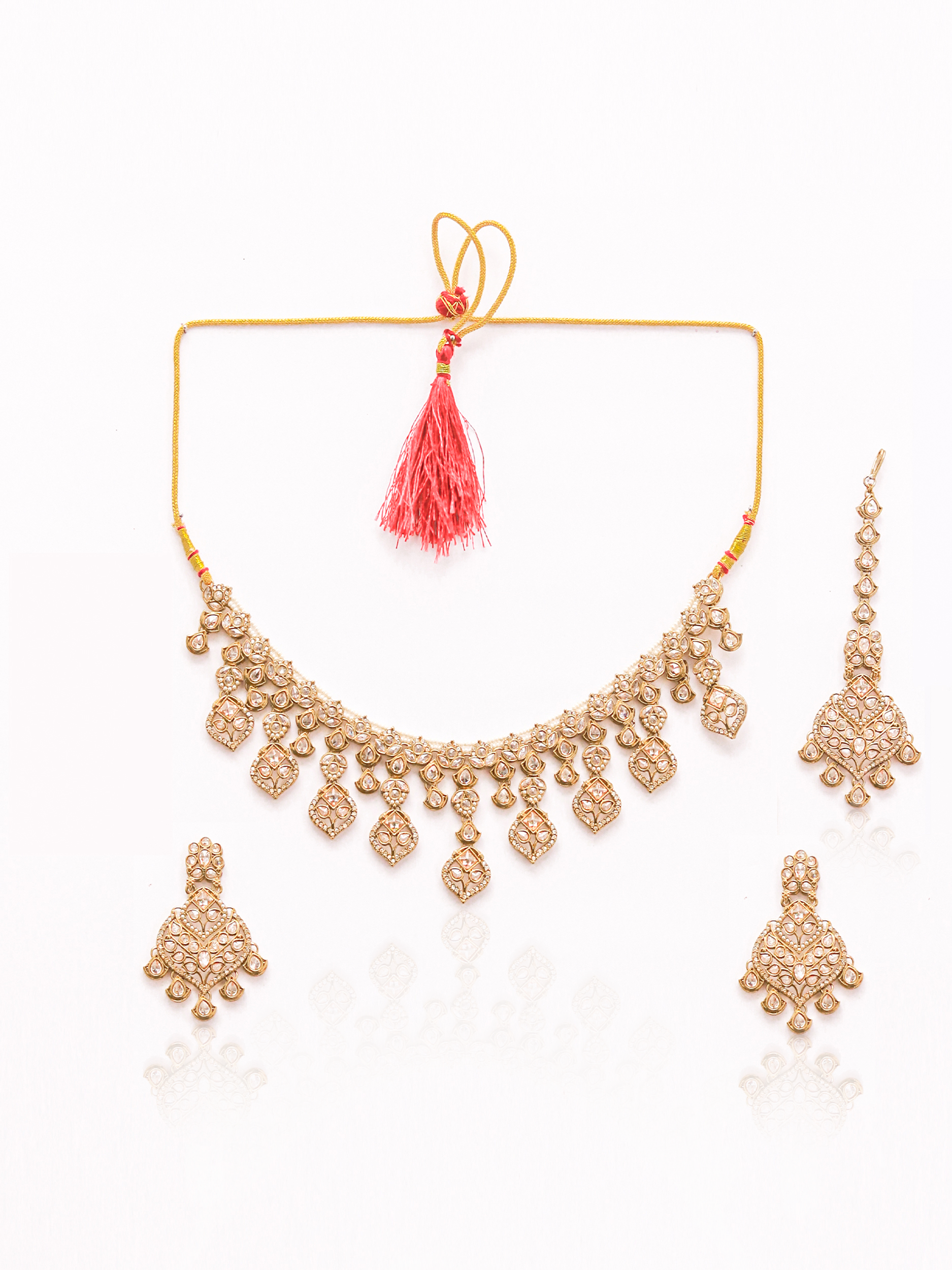 Itrani LCT Reverse AD Stone Choker Set – Traditional Brass Necklace with Earrings & Maang Tikka