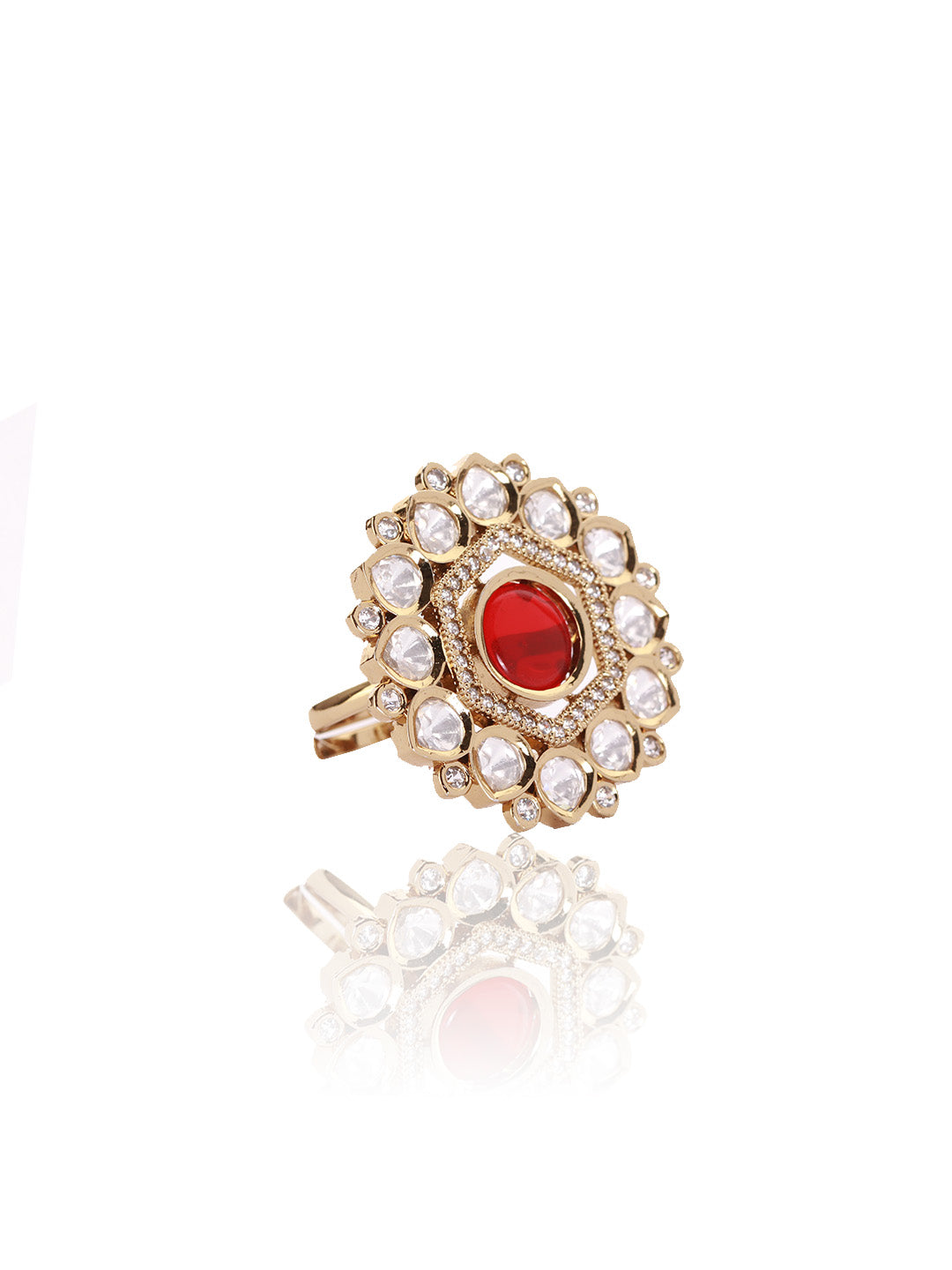 Itrani Crimson Royale Polki Ring – Antique Brass Adjustable Ring with Red Center Stone