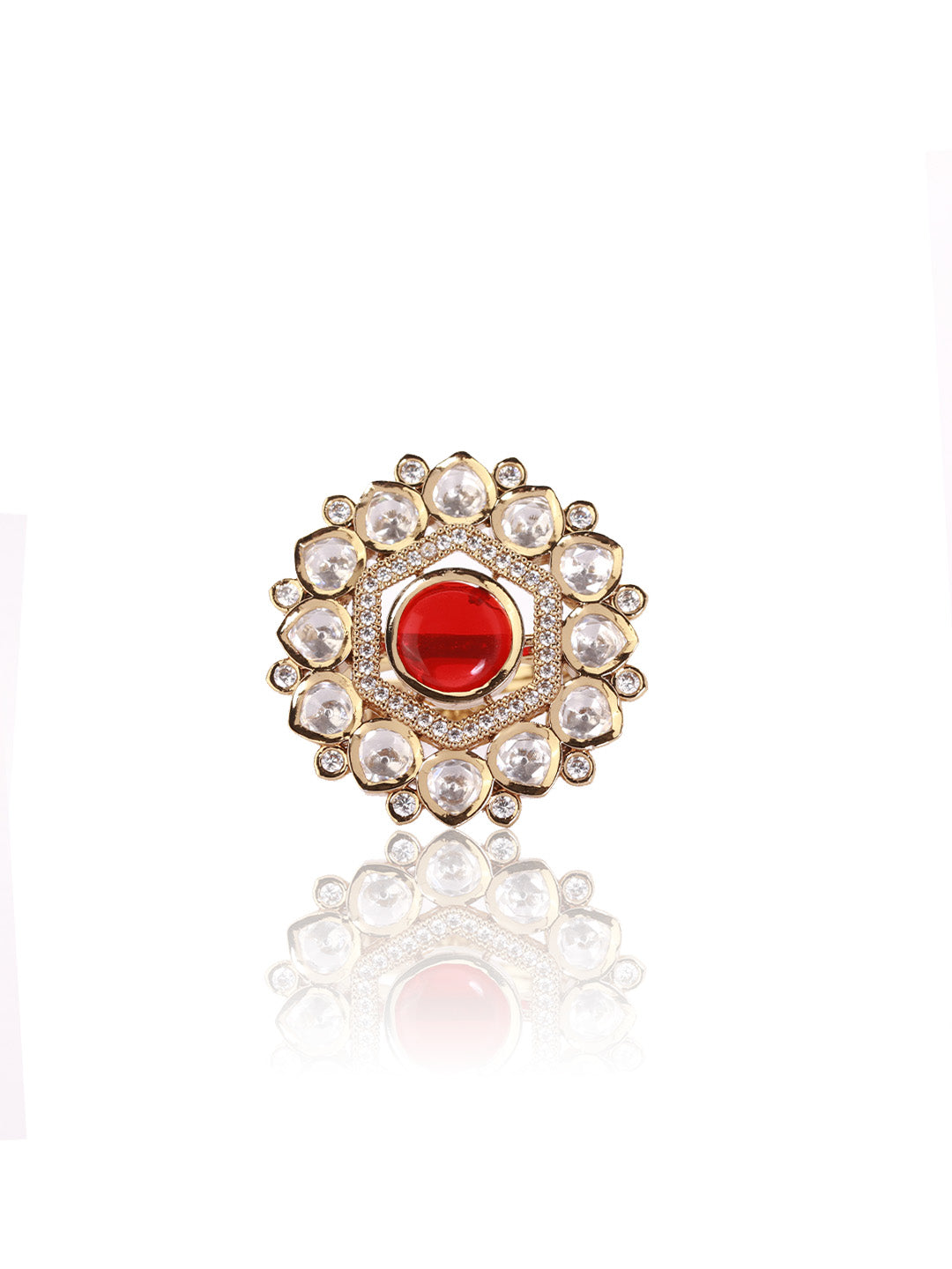 Itrani Crimson Royale Polki Ring – Antique Brass Adjustable Ring with Red Center Stone