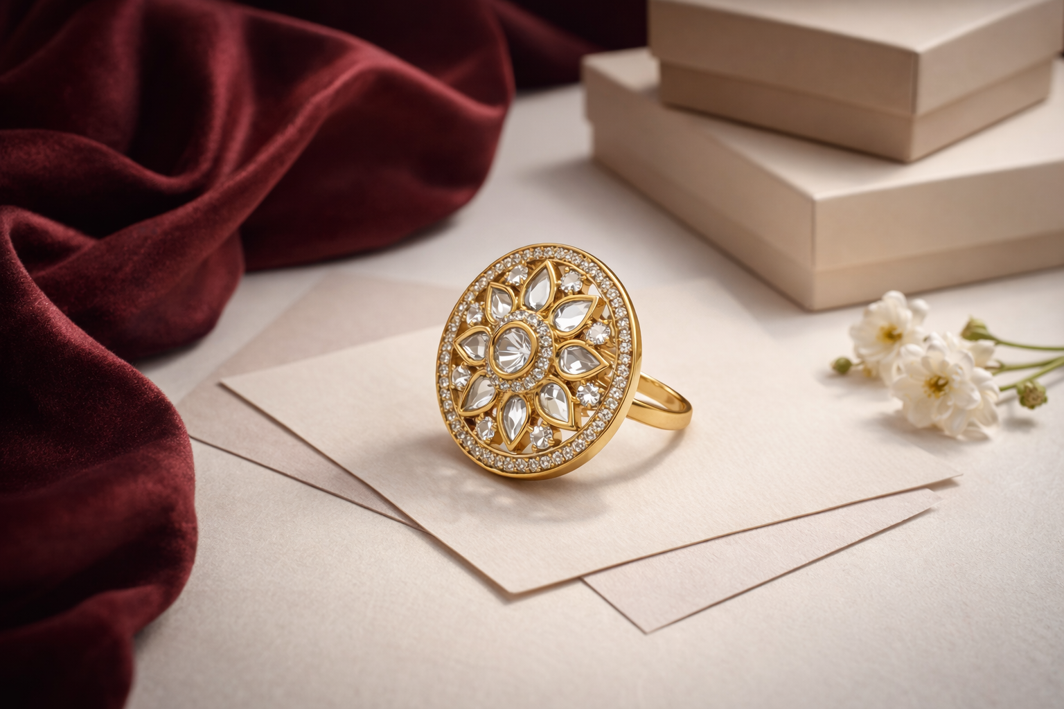 Itrani Royal Floral Crystal Clear Statement Ring – Anti Tarnish Brass Adjustable Ring for Women