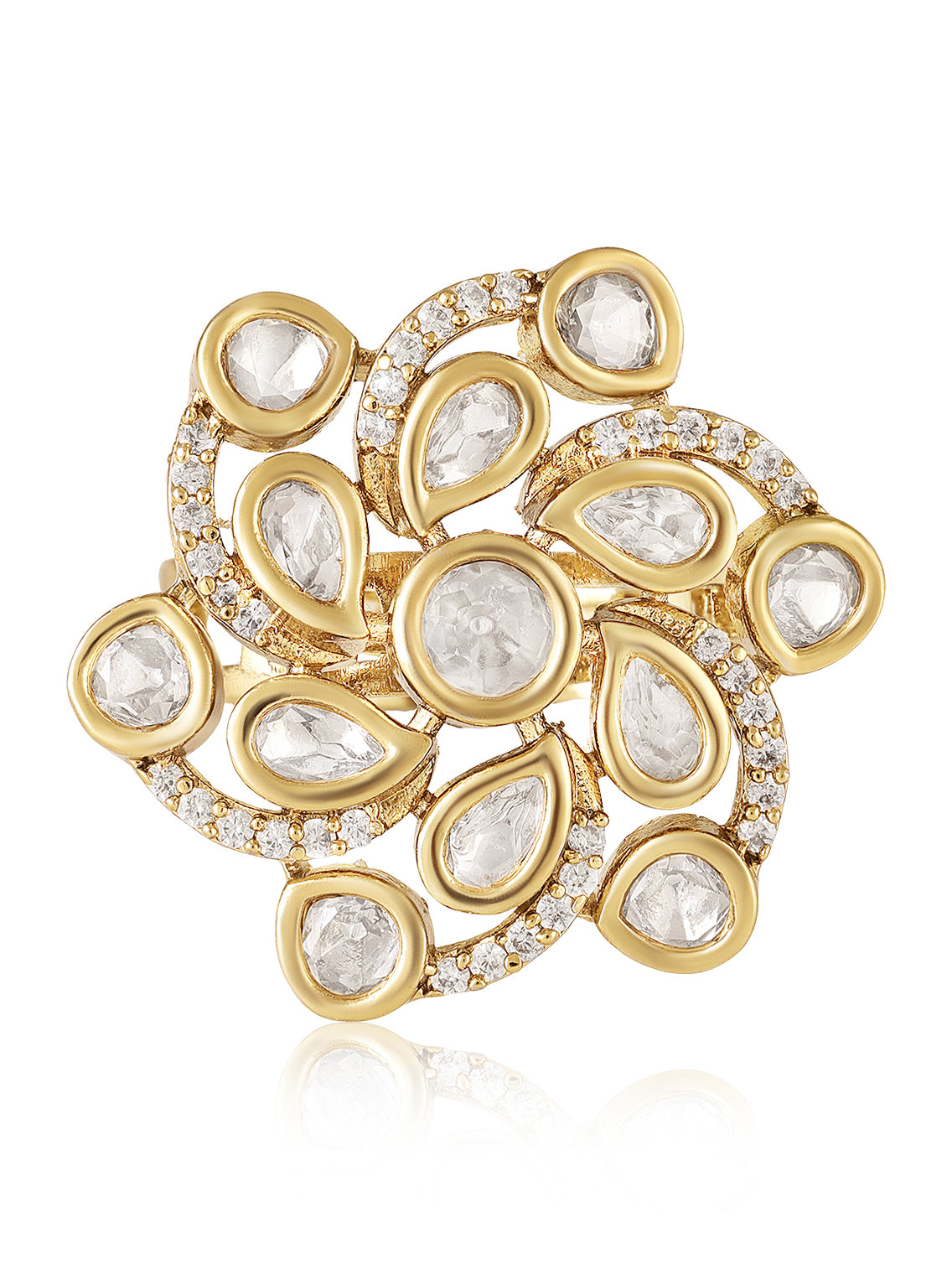 Itrani Swirl Style Clear Polki Stones  Statement Brass Ring