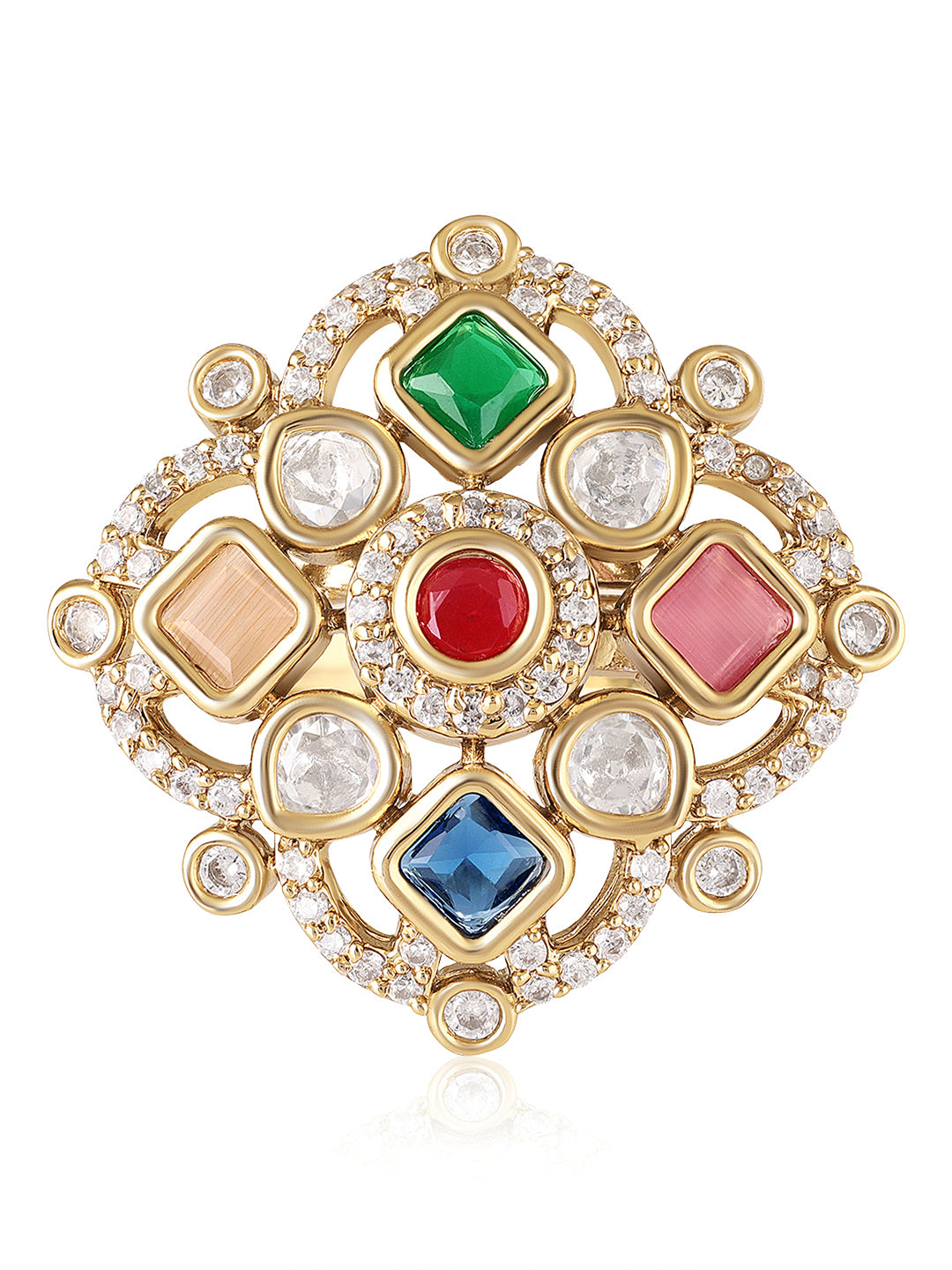 Itrani Regal Multicolor polki Brass Ring – Adjustable Anti-Tarnish Navratna Statement Jewelry