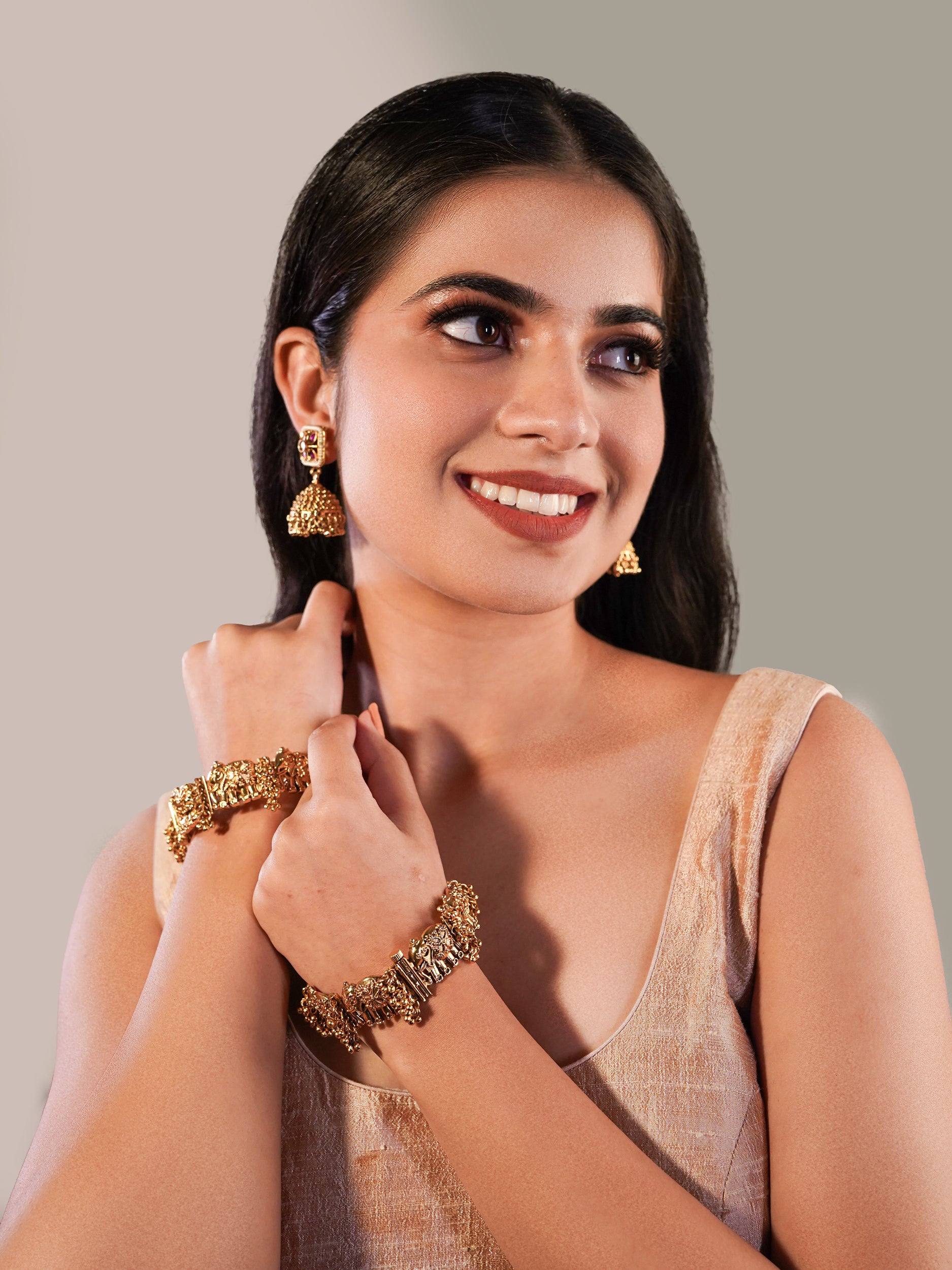 Itrani Temple Motif Antique Gold Brass with Elephant Design Bangles – Ethnic Statement Jewelry