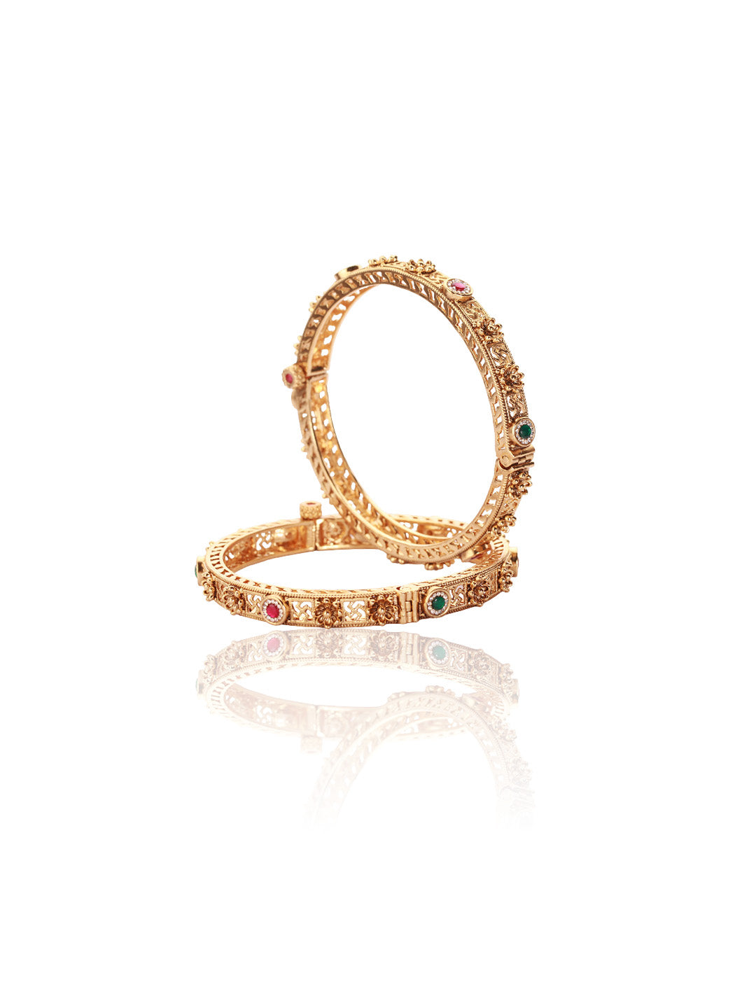 Itrani Antique Gold Brass Bangles with Multicolor Stones and Swastik Design – Traditional Festive Jewelry