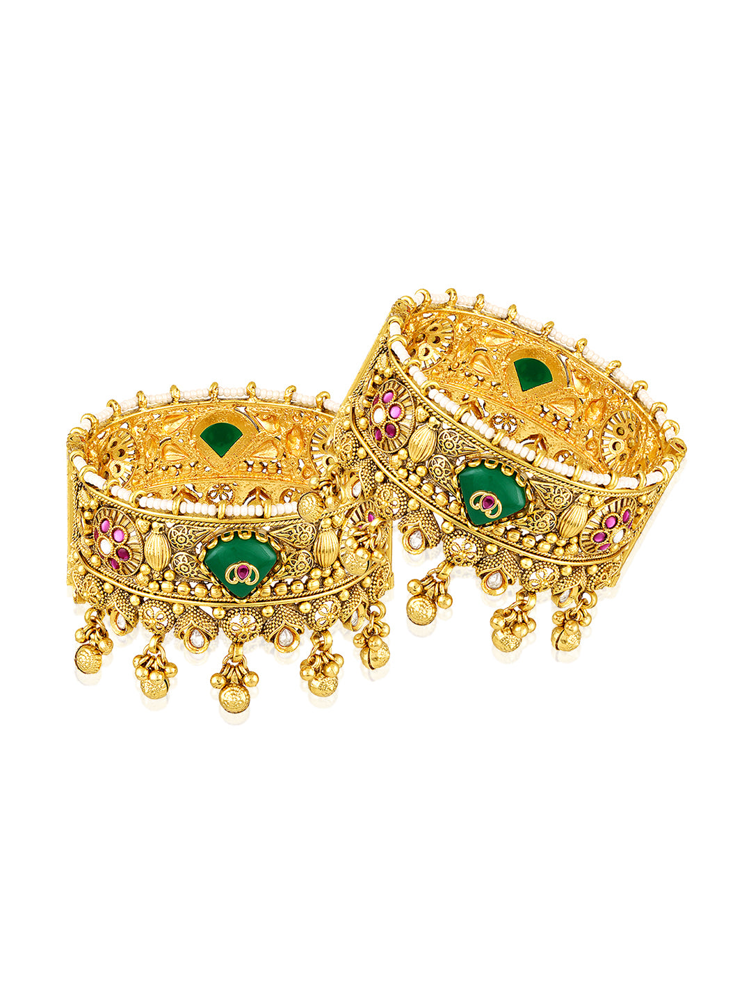 Itrani Rajwada Heritage Emerald, Gold  Kada Bangles Set