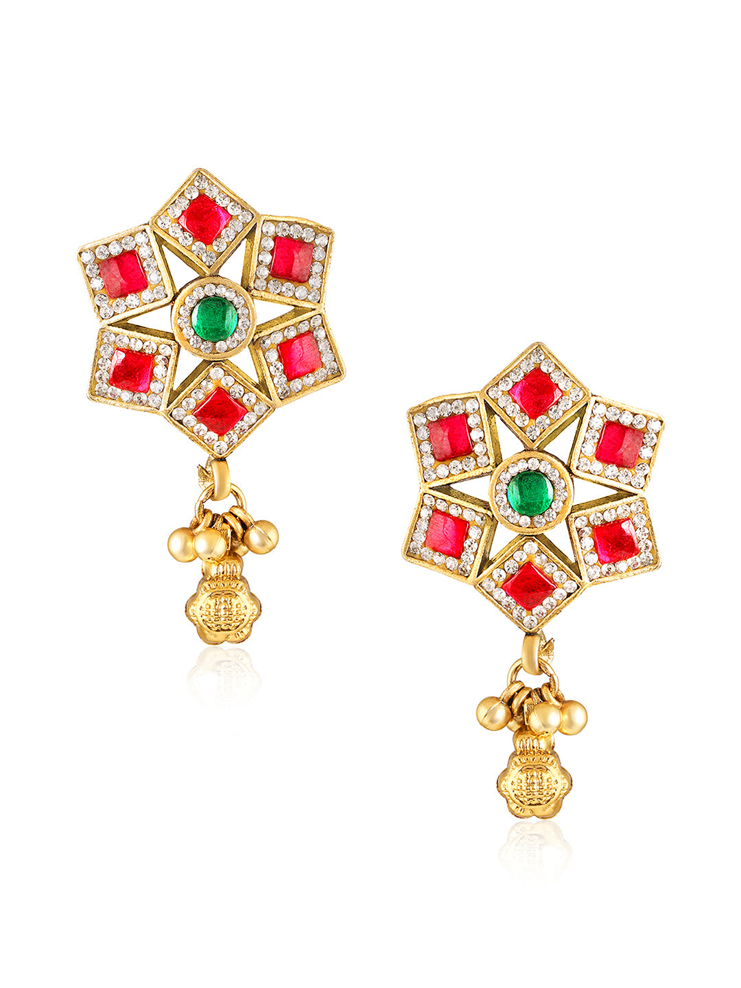 Itrani Regal synthetic  Ruby Square Bloom Earrings – Brass Studs with Green Center Stone , Svaroski& Golden Jhumka Drop