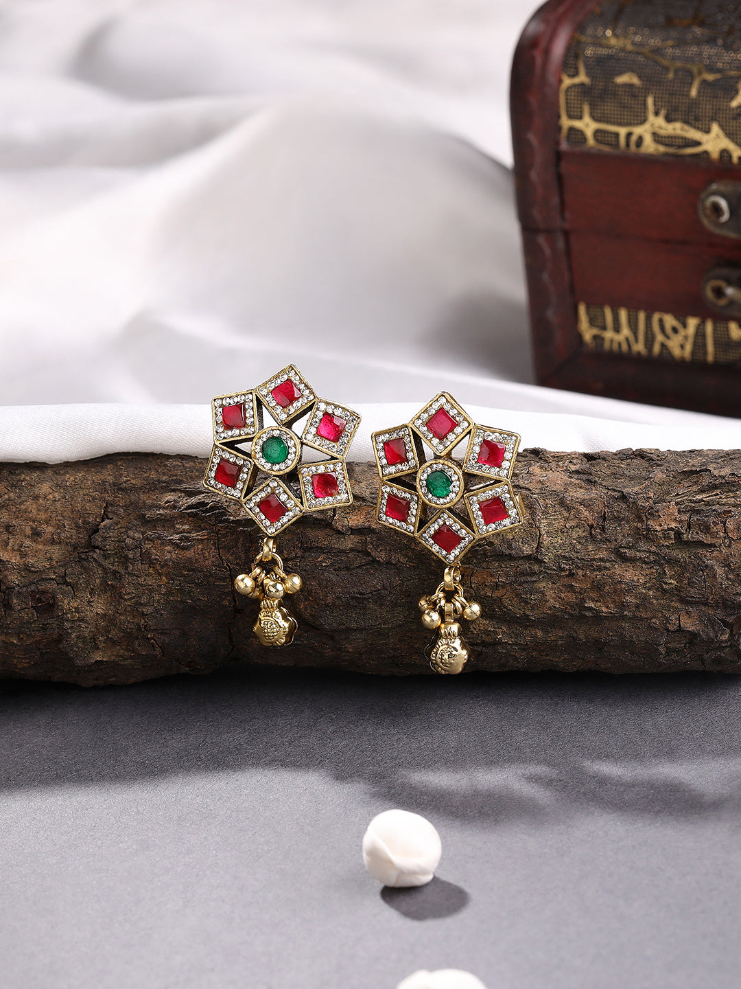 Itrani Regal synthetic  Ruby Square Bloom Earrings – Brass Studs with Green Center Stone , Svaroski& Golden Jhumka Drop