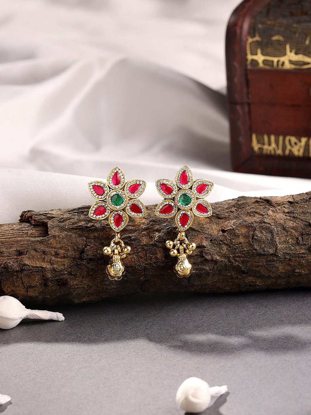 Itrani Royal Blossom Antique Brass Earrings with synthetic Ruby & Emerald Stones with Svaroski& Golden Jhumka Drop