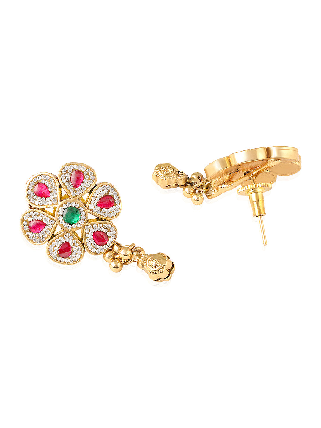 Itrani Ruby Bloom Brass Stud Earrings with Jhumka Drop – Red & Green Stone Floral Design for Festive Wear