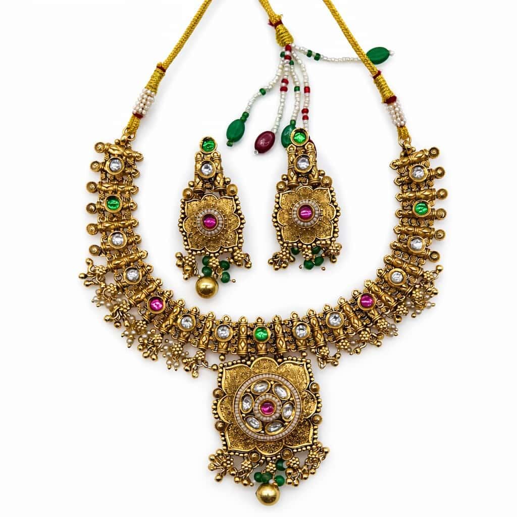 Itrani Heritage Antique Temple Style Brass Pendant  Necklace Set with Color Stones – Bridal & Festive Wear