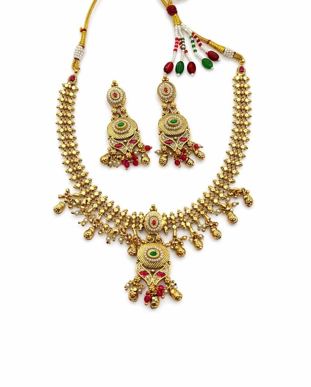 Heritage Antique Brass Pendant Necklace Set with Color Stones – Traditional Festive Jewellery