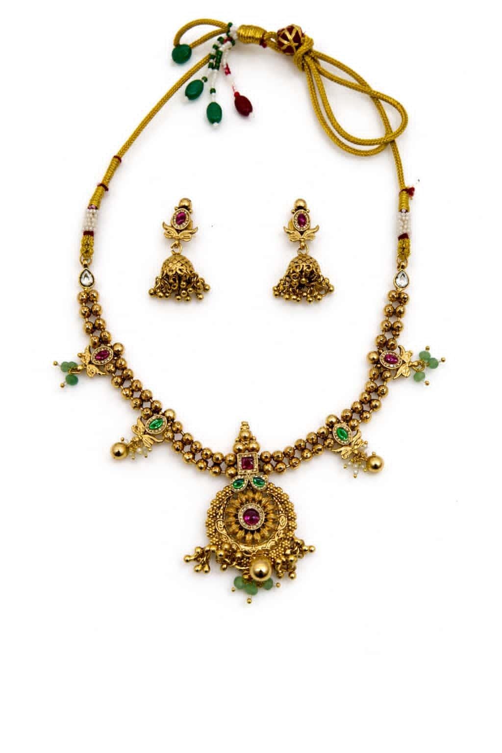 Itrani Heritage Antique Sage Green Motif Pendant  Necklace Set with Color Stones – Traditional Bridal Jewellery