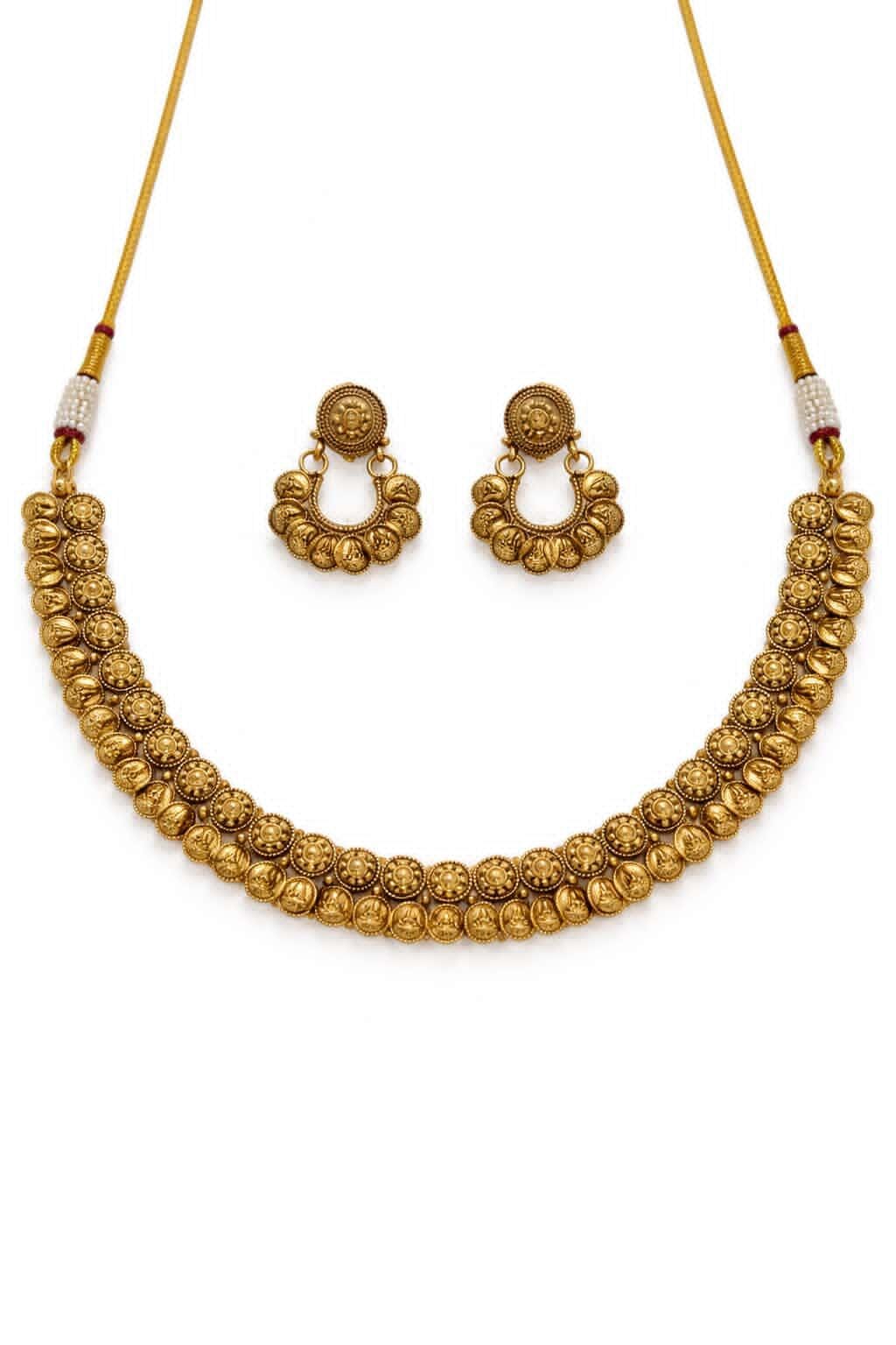 Itrani Mahalaxmi Heritage Classic Antique Coin Temple Brass Necklace Set – Traditional Bridal & Festive Jewellery