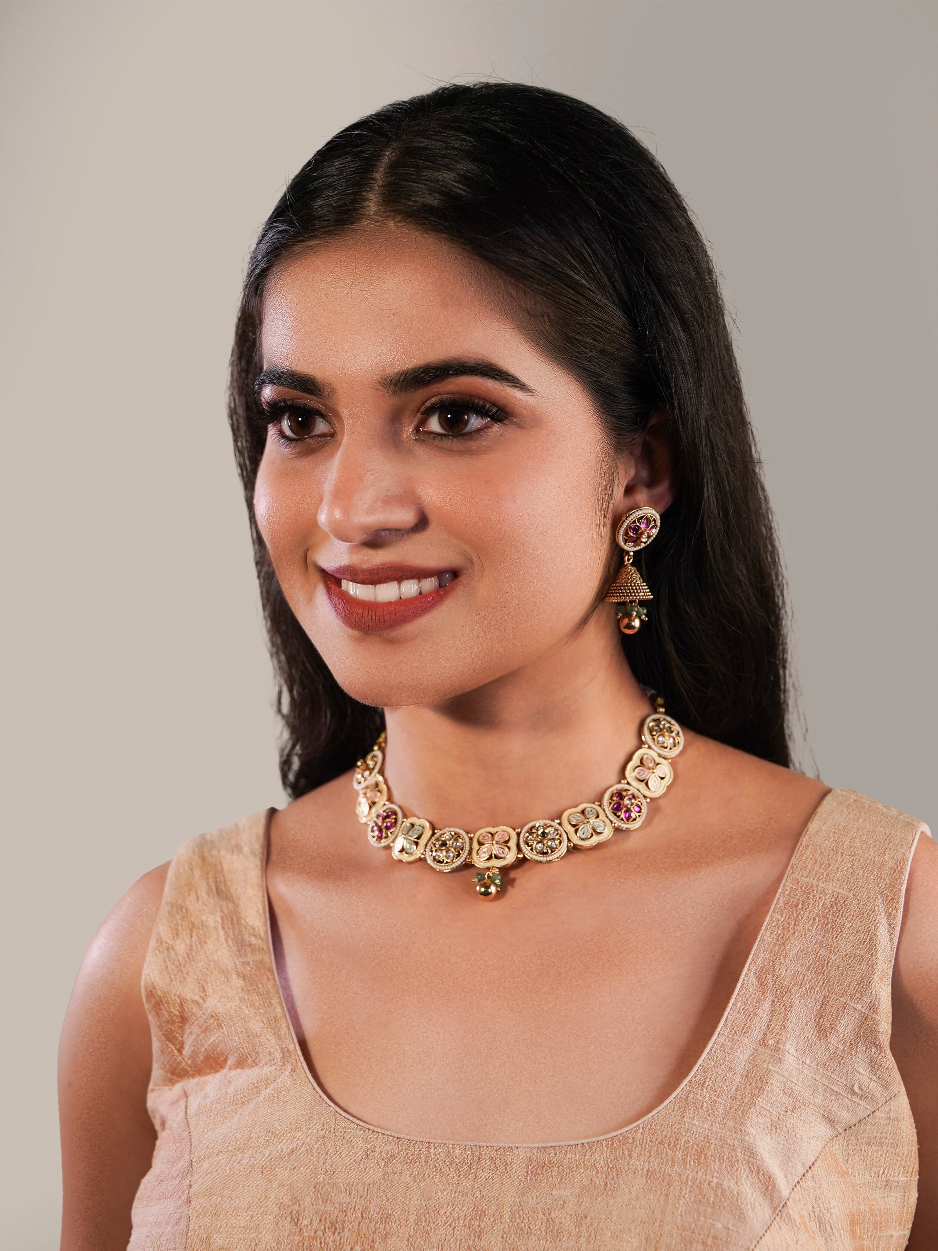 Itrani Rajwadi Floral Charm Multicolor Stone Brass Necklace Set with Jhumka Earrings