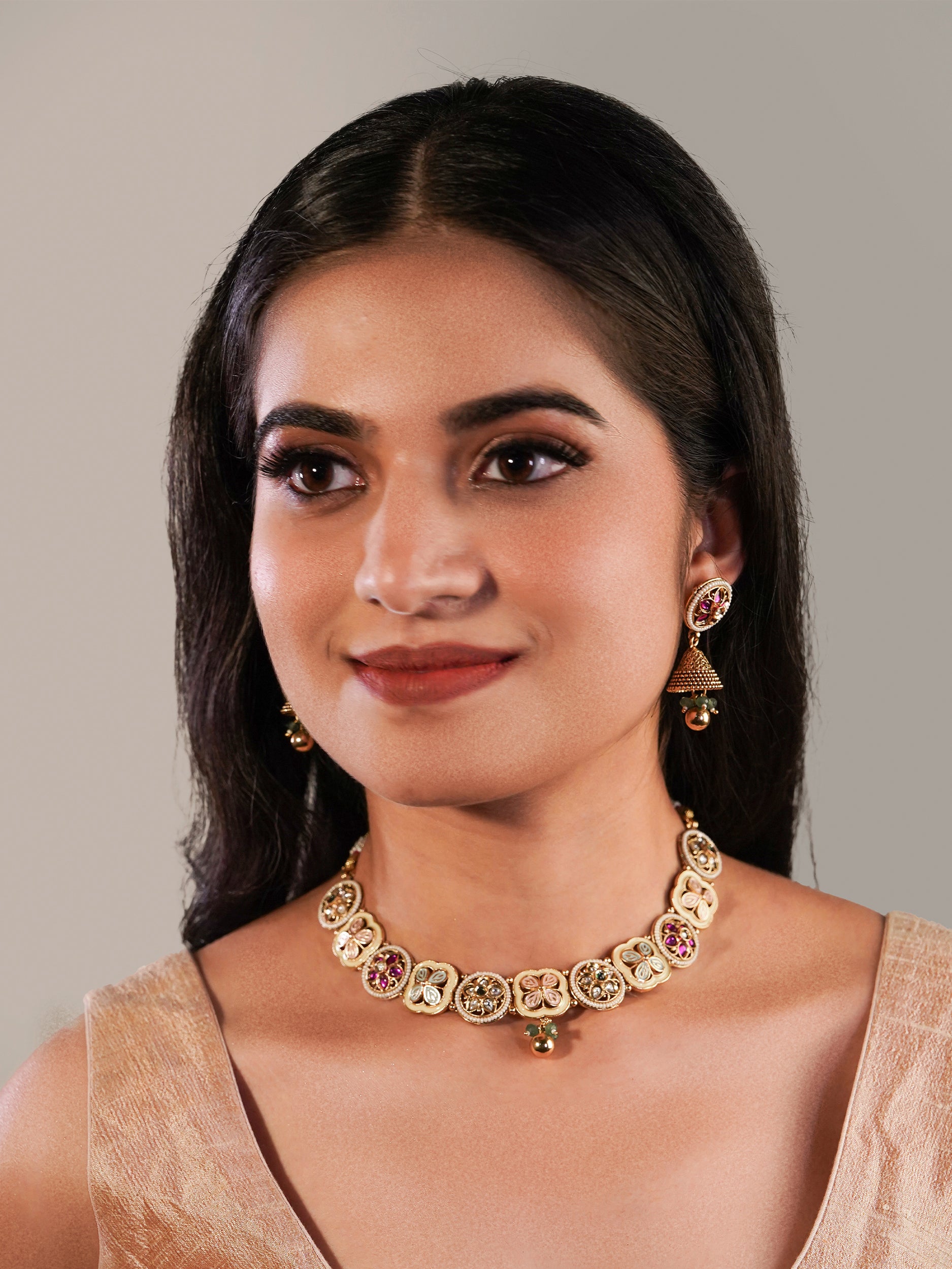 Itrani Rajwadi Floral Charm Multicolor Stone Brass Necklace Set with Jhumka Earrings