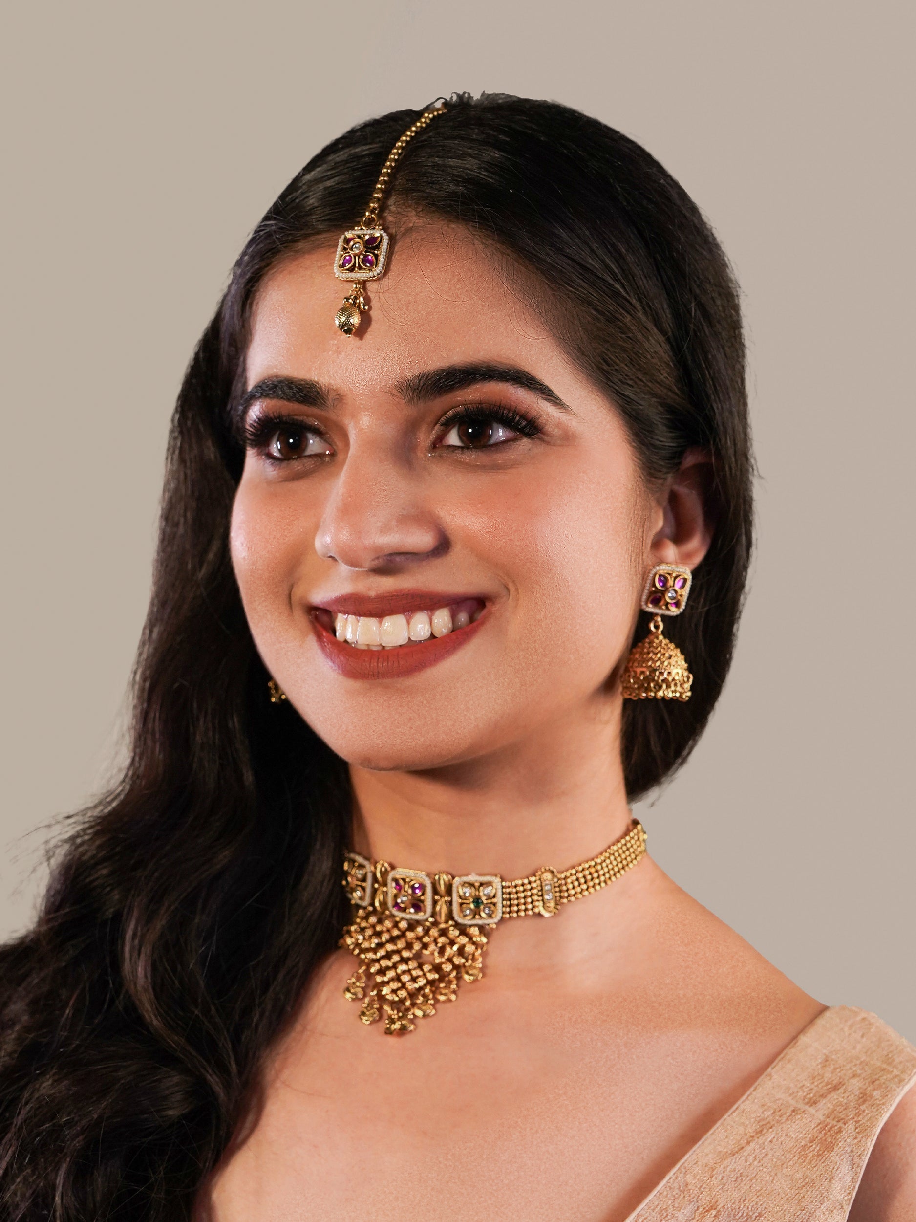 Itrani Heritage Bloom Gold-Tone Brass Rajwadi Choker Necklace Set with Rani Pink Stone & Jhumka Earrings