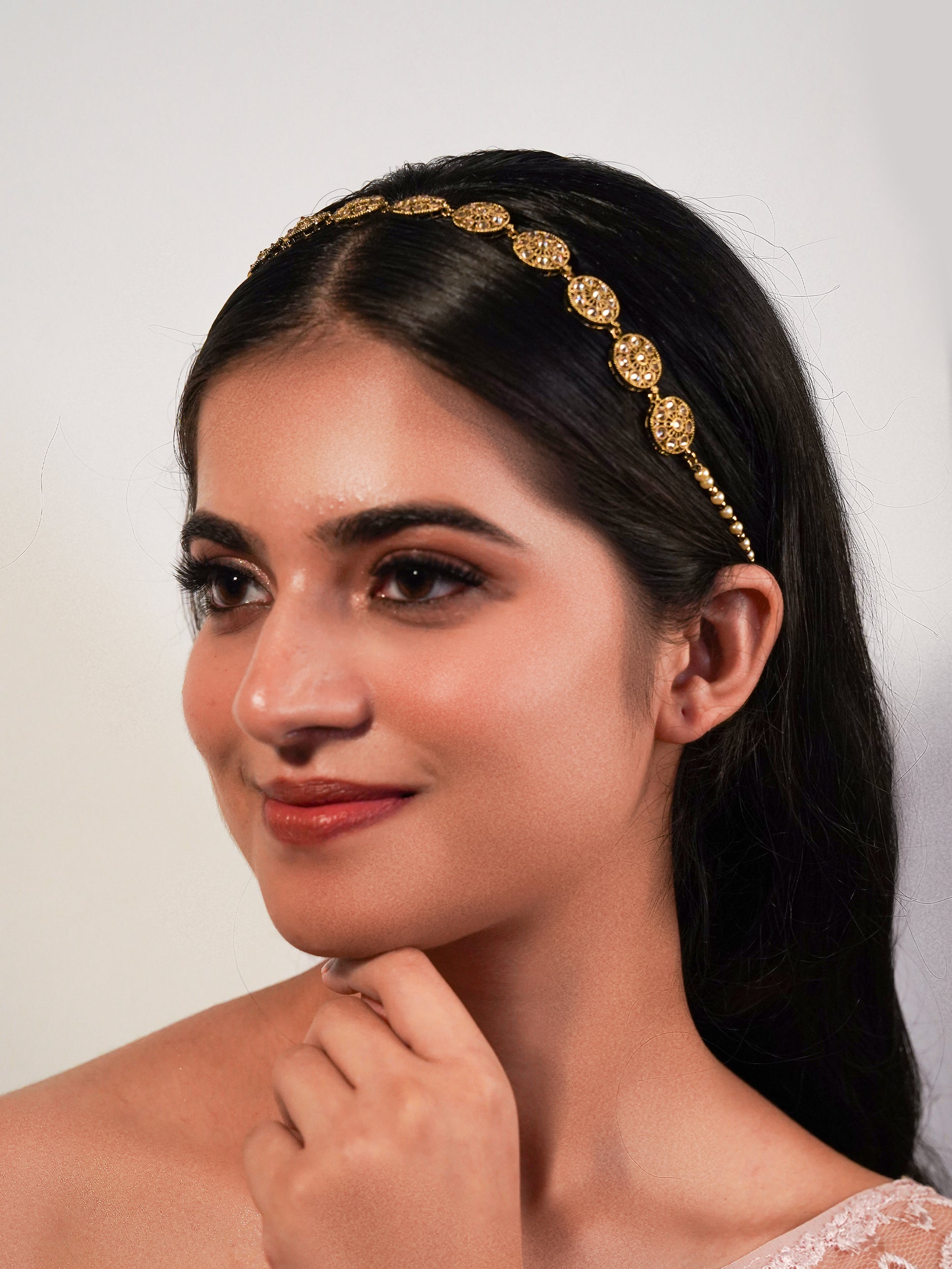 Itrani Golden Bloom with little pearl Sheesh Patti – Antique Finish Hair Accessory for Brides & Festive Looks