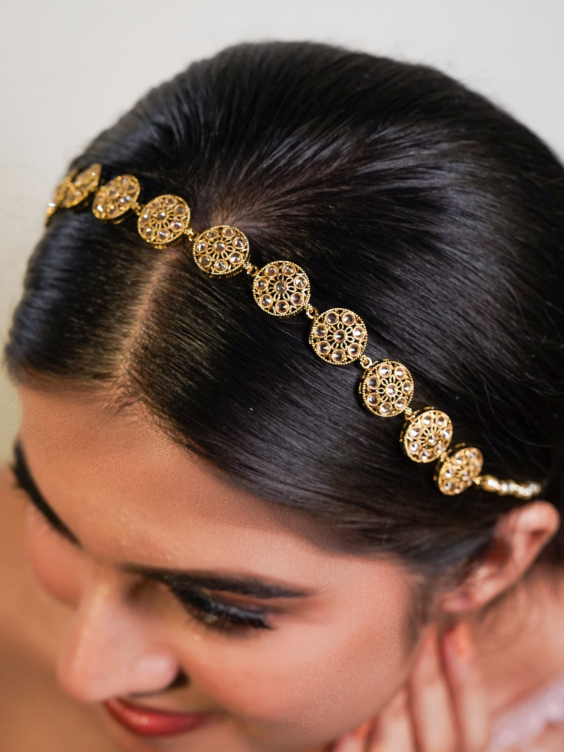 Itrani Golden Bloom with little pearl Sheesh Patti – Antique Finish Hair Accessory for Brides & Festive Looks