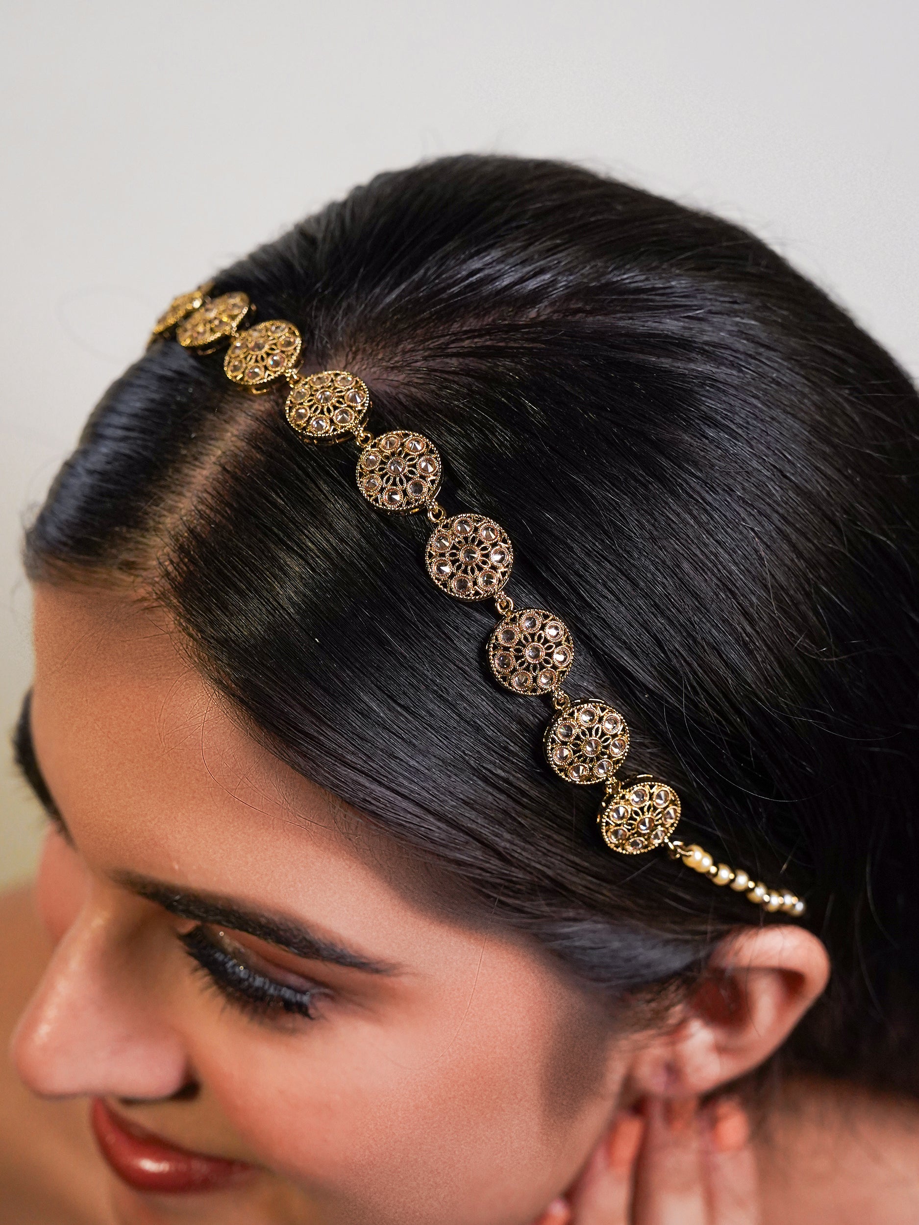 Itrani Golden Bloom with little pearl Sheesh Patti – Antique Finish Hair Accessory for Brides & Festive Looks